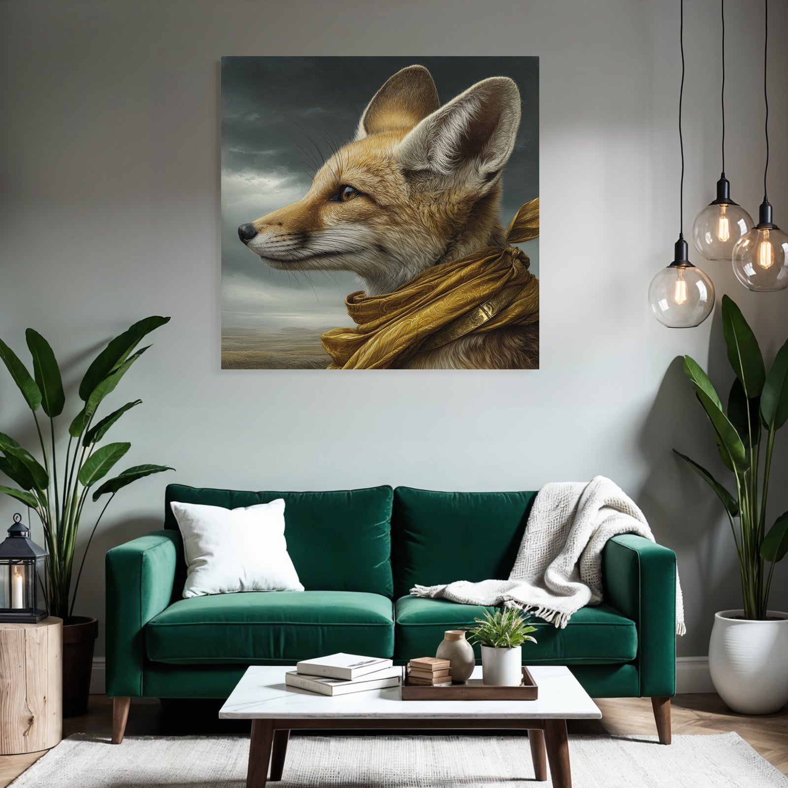 Fox Portrait Mit Goldenem Schal Im Moody Hintergrund