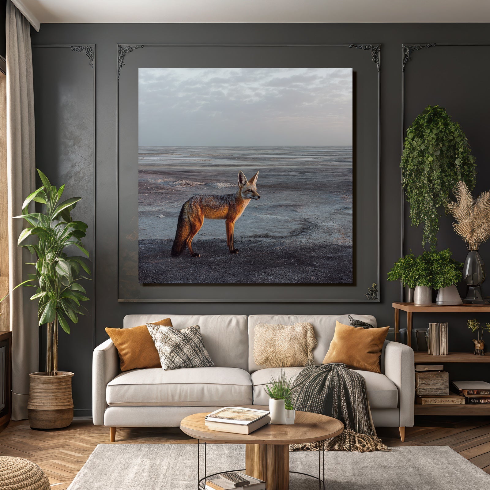 Fuchs In Einer Einsamen Landschaft Unter Einem Wolkigen Himmel
