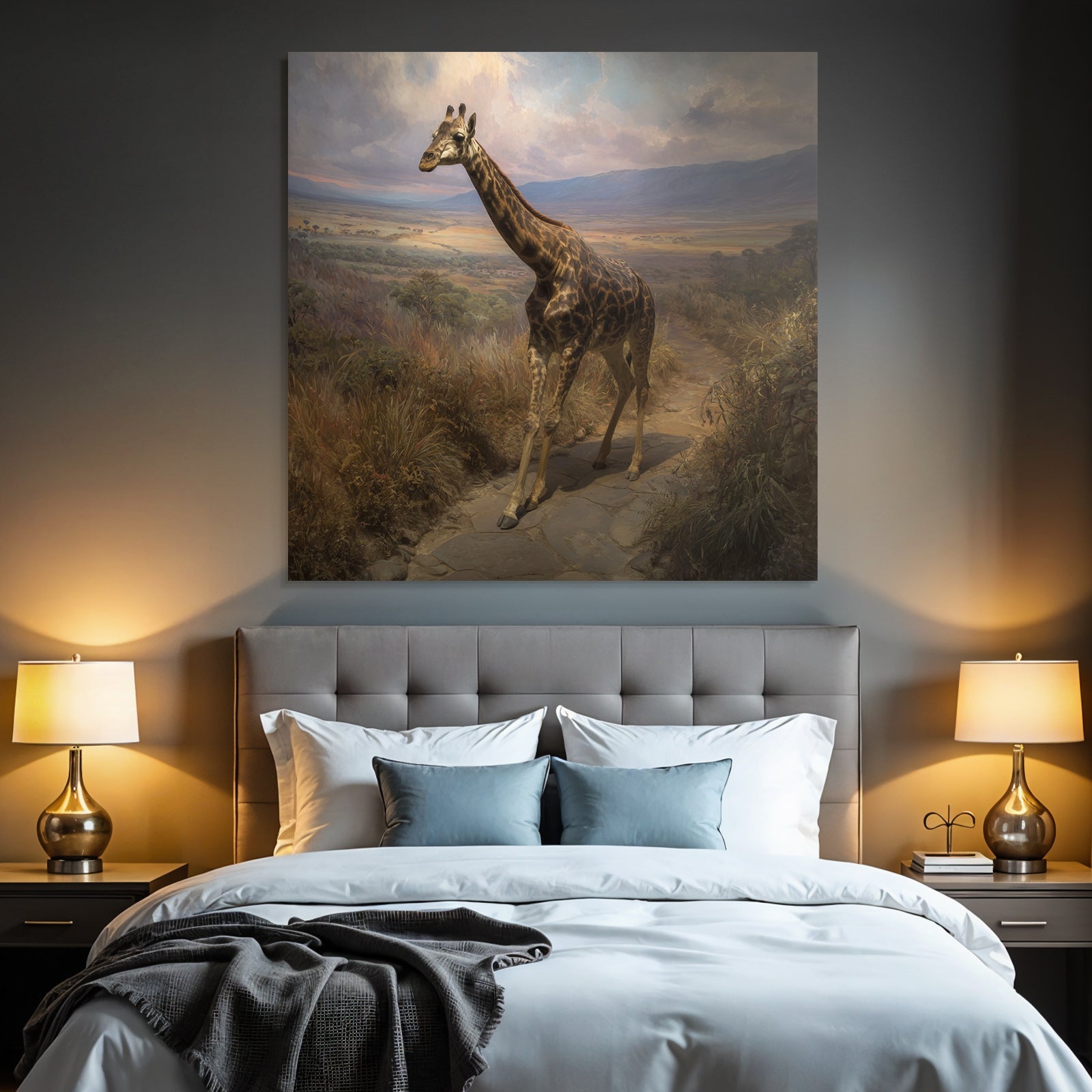 Giraffe Auf Dem Weg Im Malerischen Landscape Mit Hügeln Und Bunten Himmeln