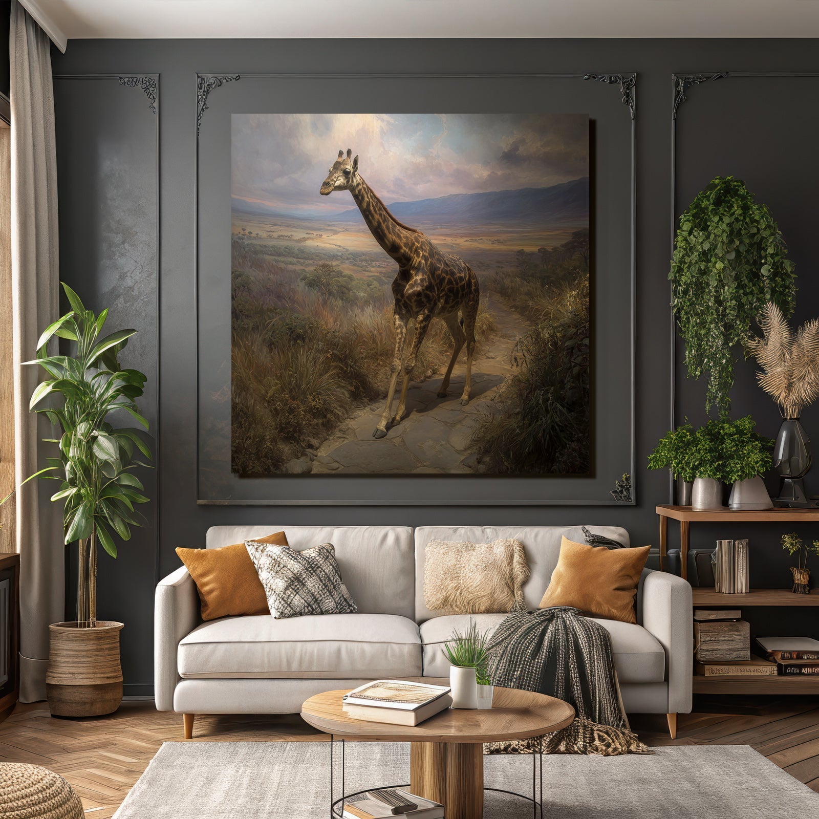 Giraffe Auf Dem Weg Im Malerischen Landscape Mit Hügeln Und Bunten Himmeln