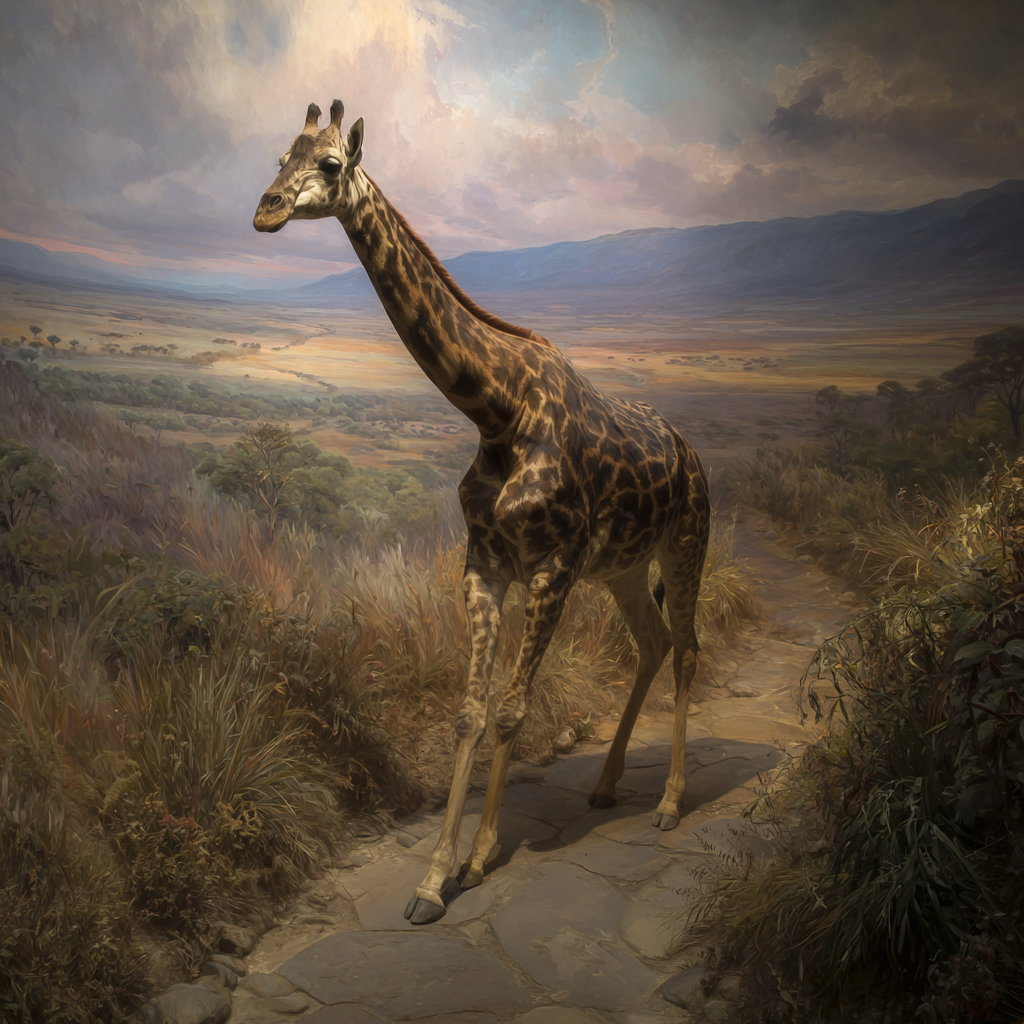 Giraffe Auf Dem Weg Im Malerischen Landscape Mit Hügeln Und Bunten Himmeln | Safari und Wildtiere | Tiere