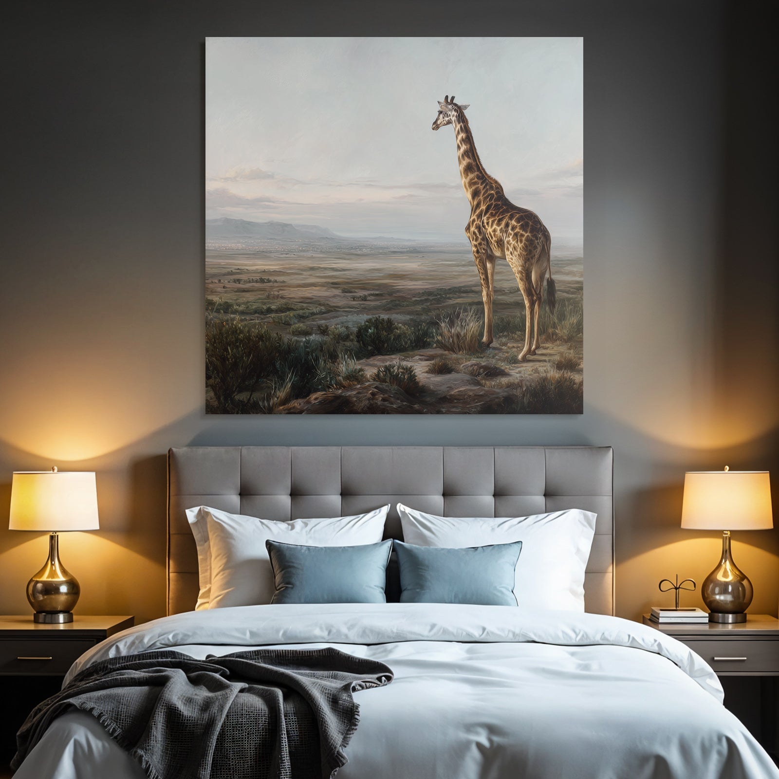 Giraffe Auf Felsen Ausblick Auf Landschaft Mit Bergen Dawn Dusk