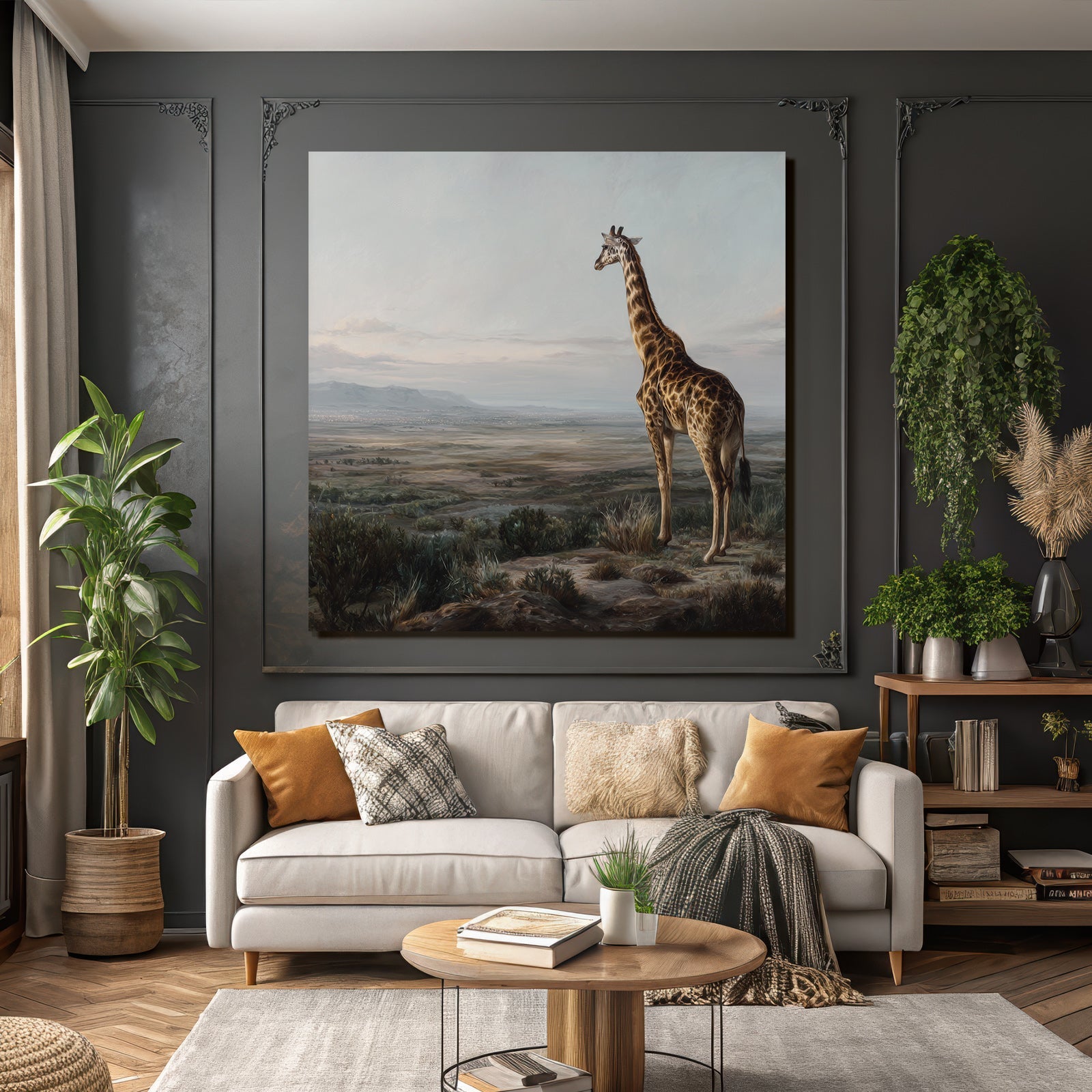 Giraffe Auf Felsen Ausblick Auf Landschaft Mit Bergen Dawn Dusk