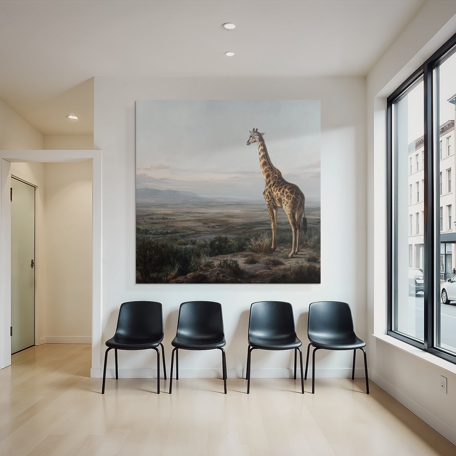 Giraffe Auf Felsen Ausblick Auf Landschaft Mit Bergen Dawn Dusk