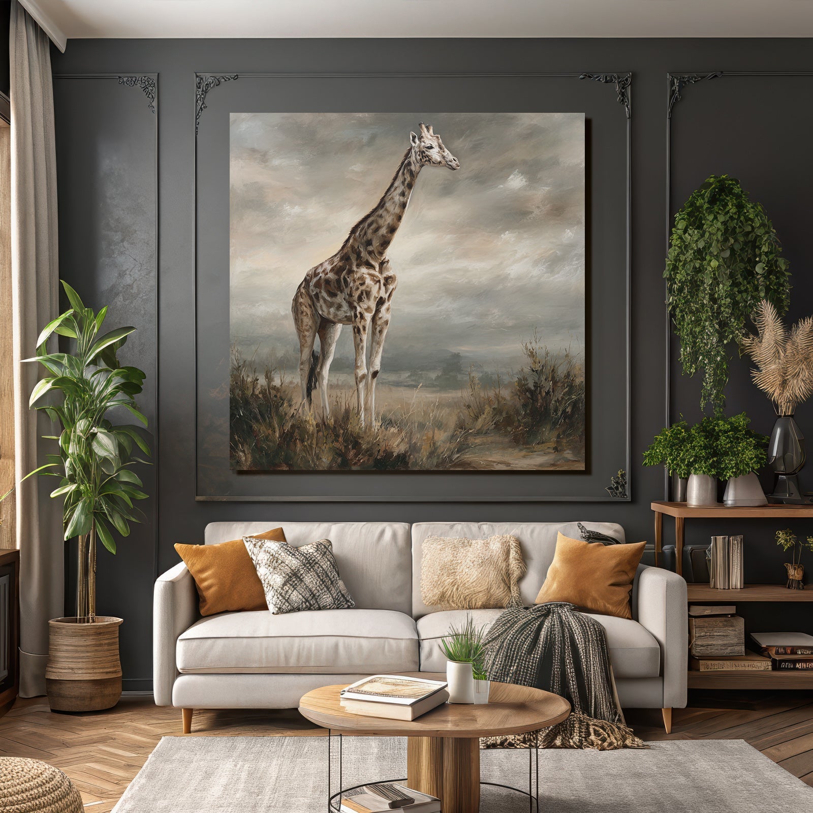 Giraffe Im Landscape Mit Wolkigem Himmel Kunstmalerei