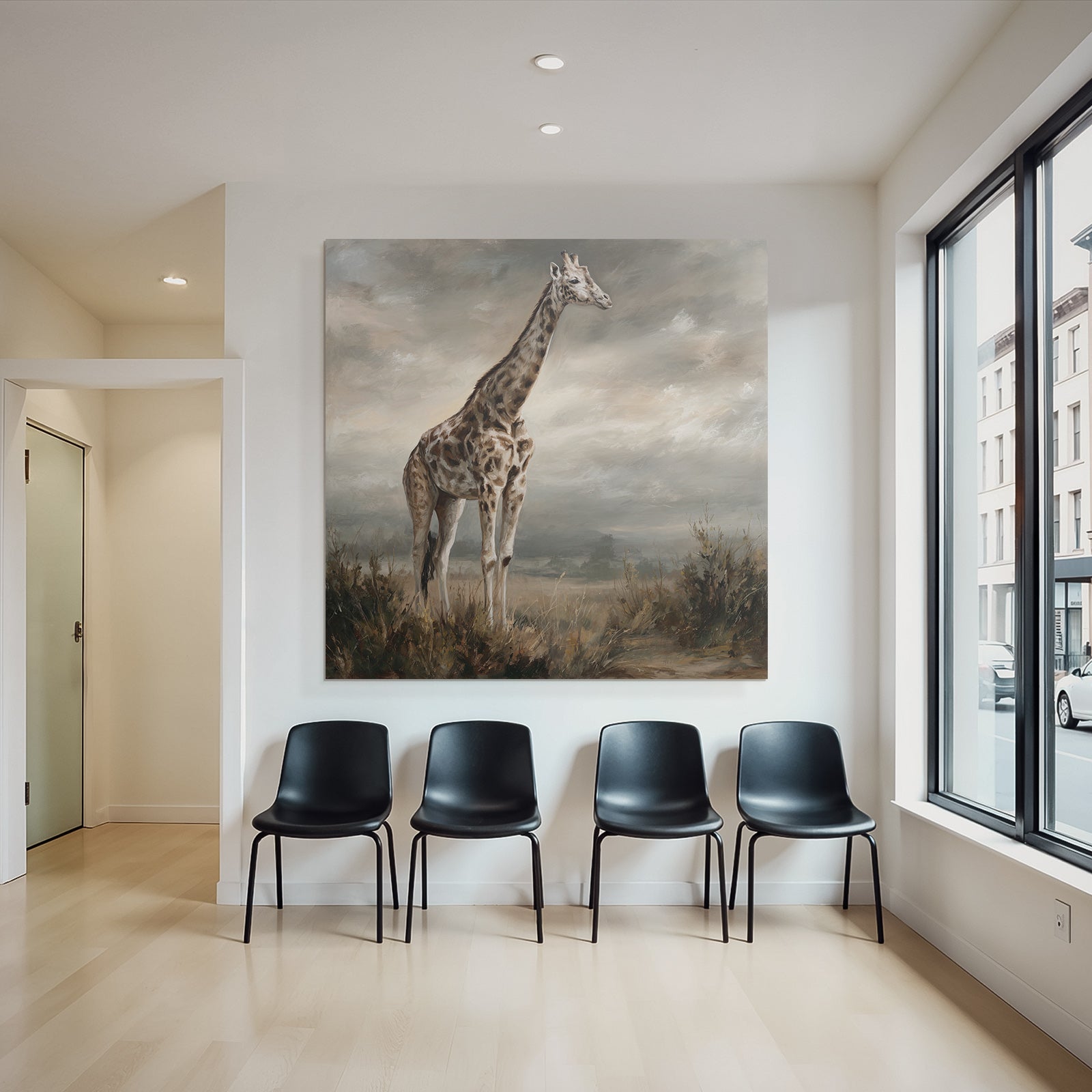 Giraffe Im Landscape Mit Wolkigem Himmel Kunstmalerei