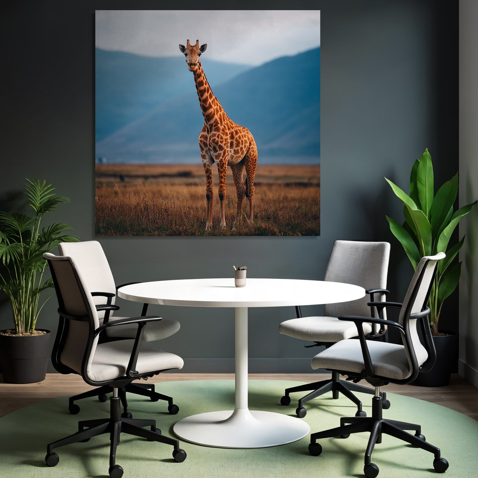 Giraffe In Der Savanne Mit Entfernten Bergen Und Himmel