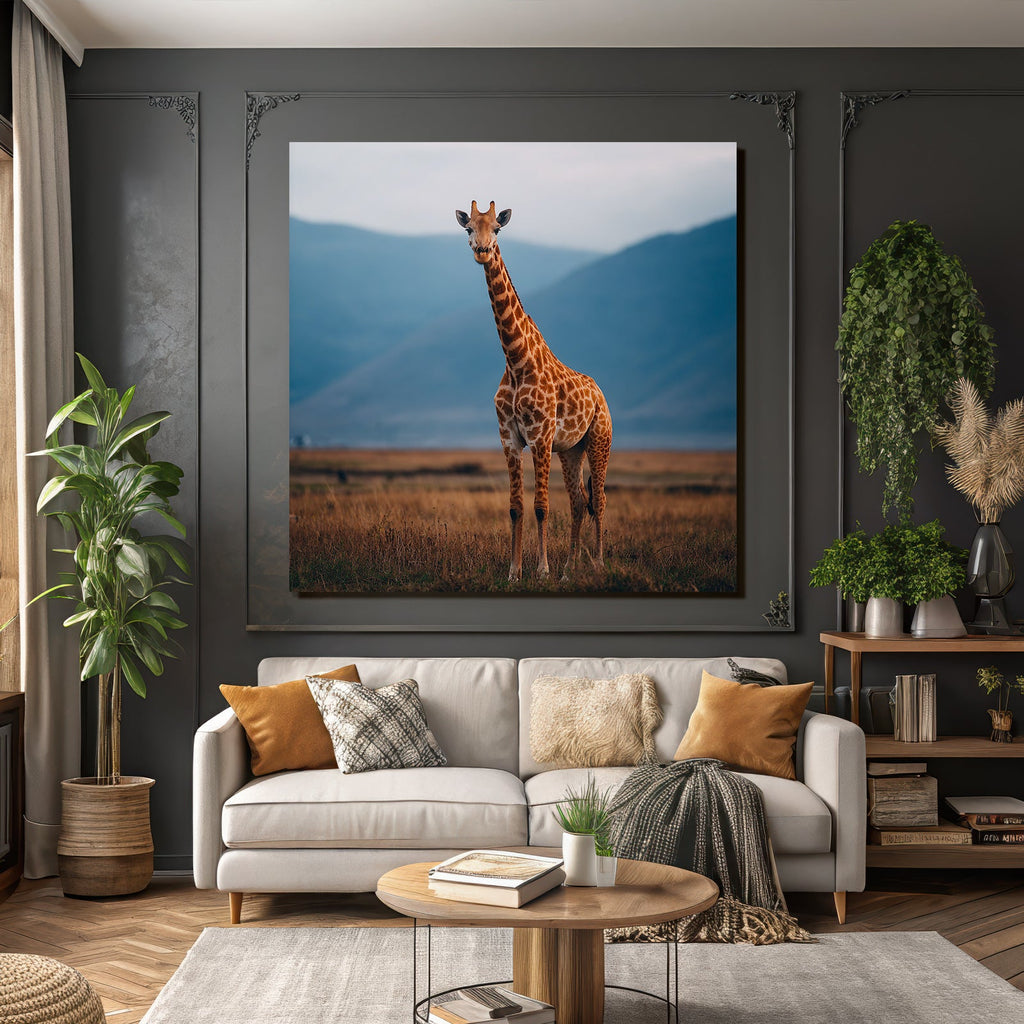 Giraffe In Der Savanne Mit Entfernten Bergen Und Himmel
