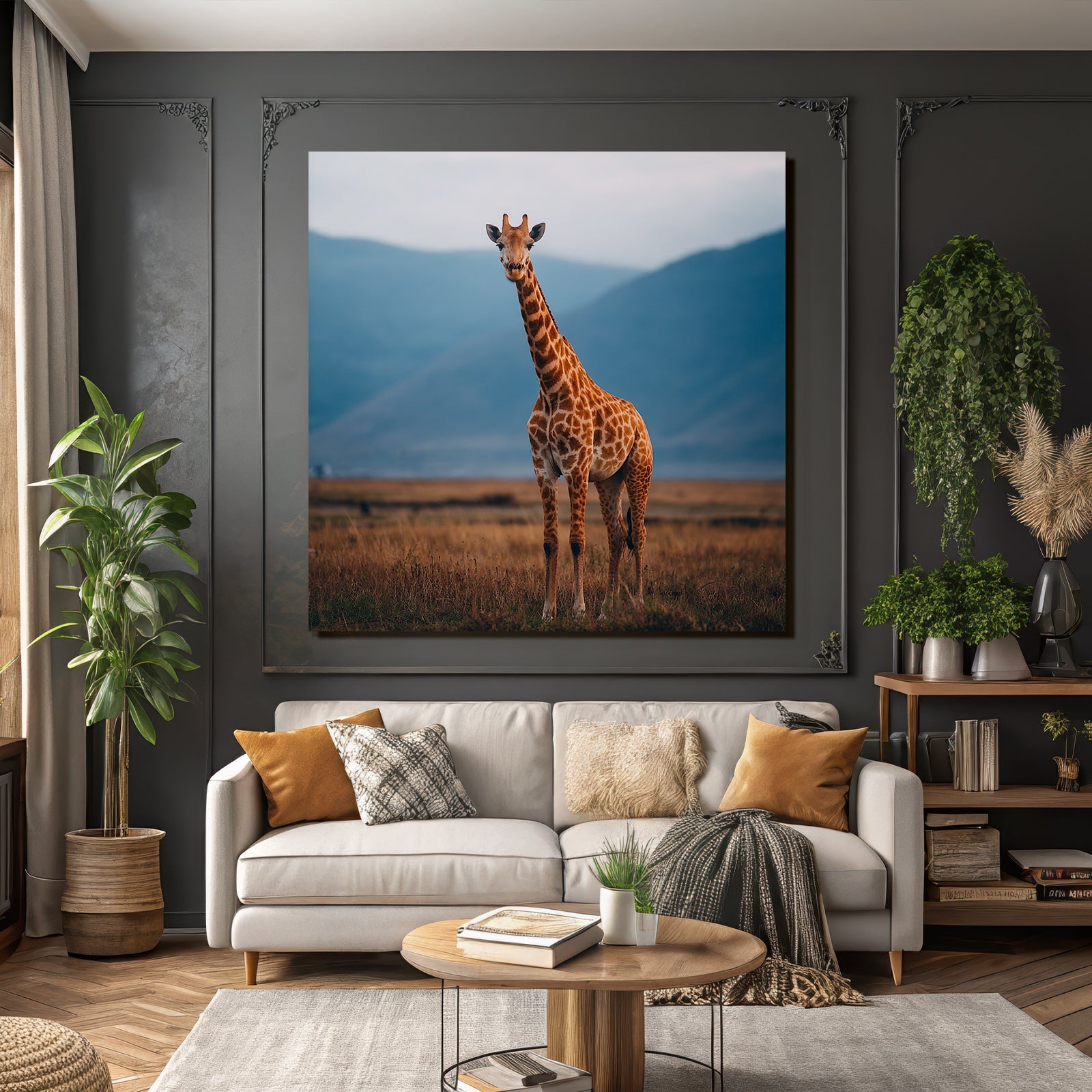 Giraffe In Der Savanne Mit Entfernten Bergen Und Himmel