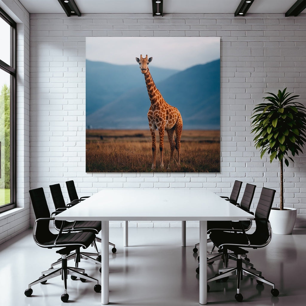 Giraffe In Der Savanne Mit Entfernten Bergen Und Himmel