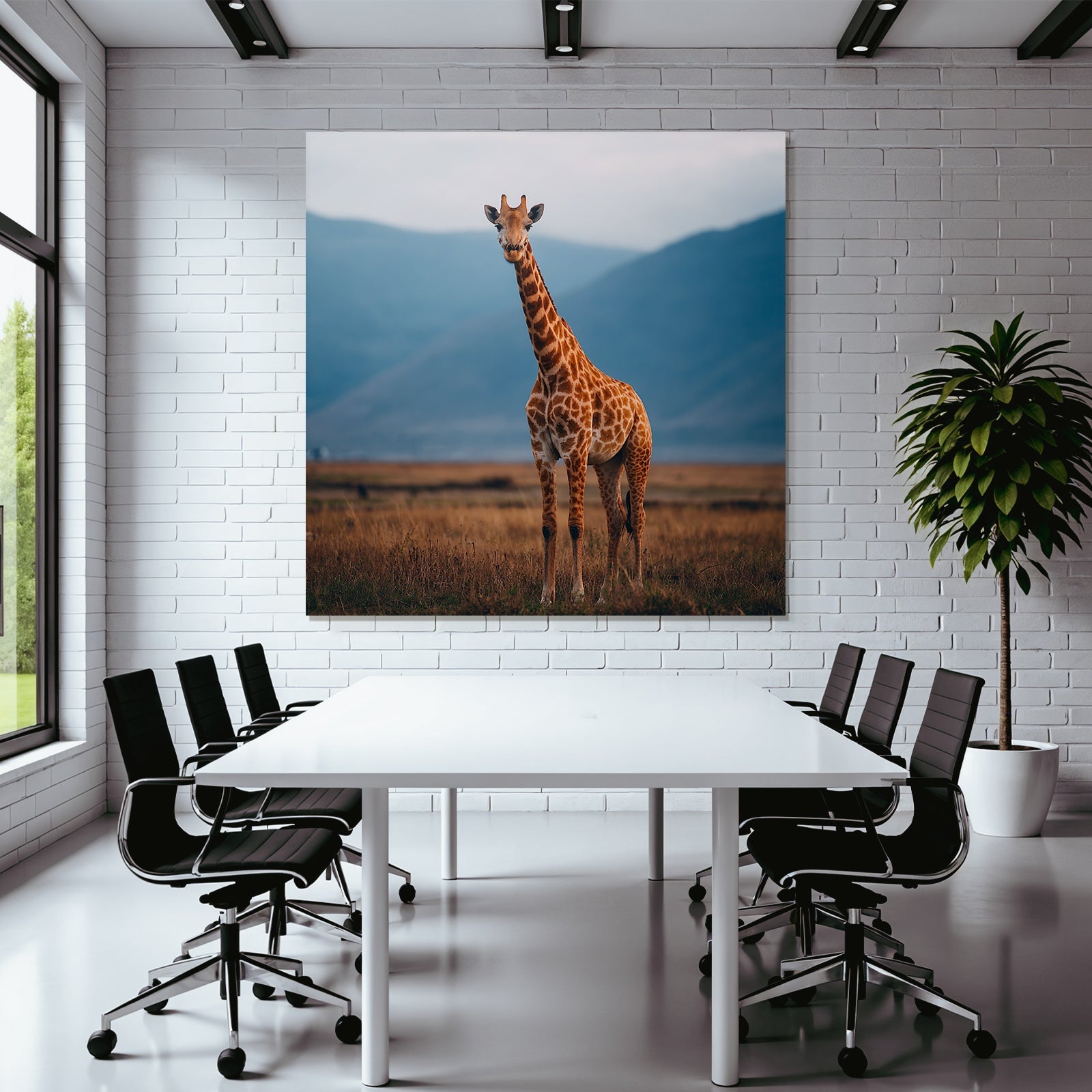 Giraffe In Der Savanne Mit Entfernten Bergen Und Himmel