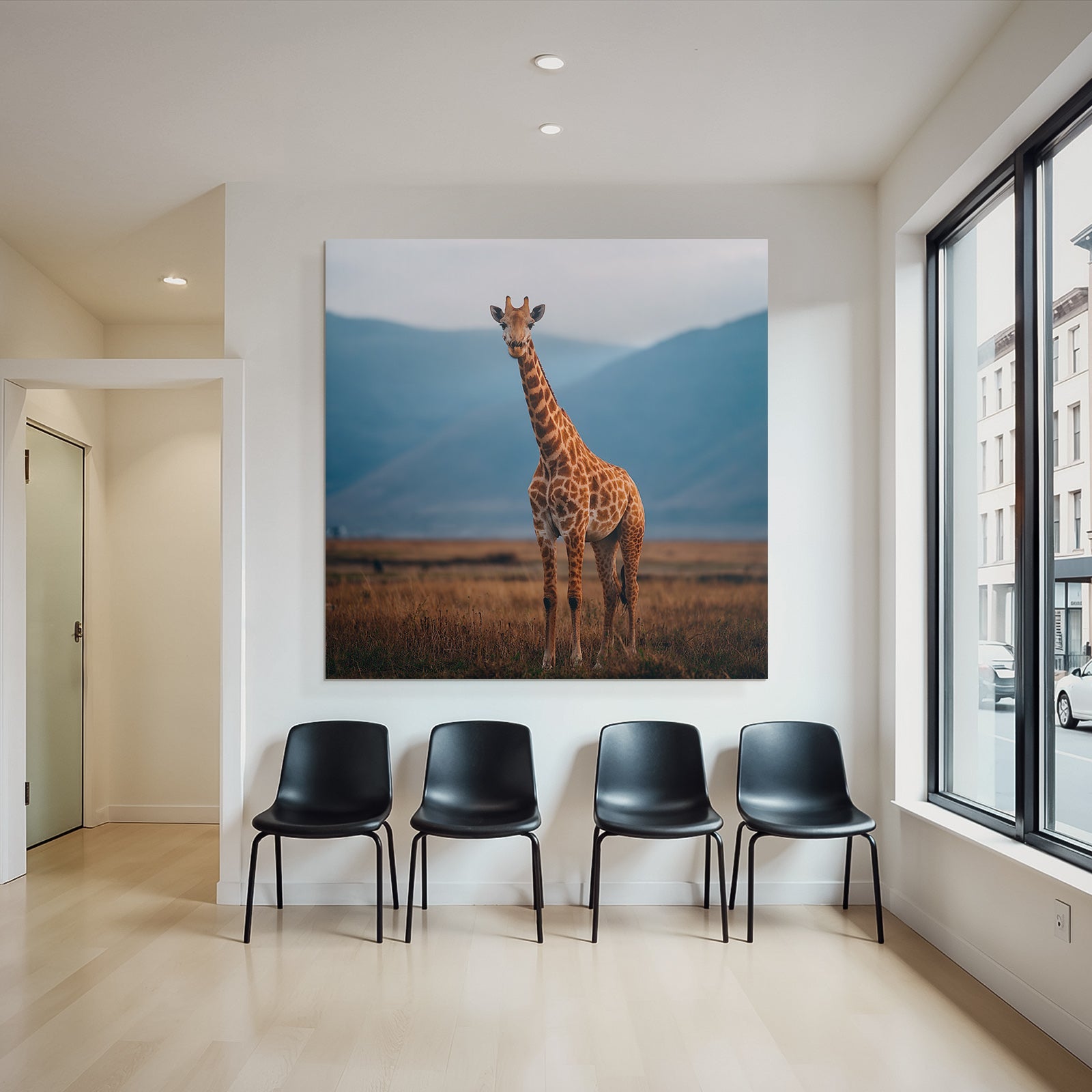 Giraffe In Der Savanne Mit Entfernten Bergen Und Himmel