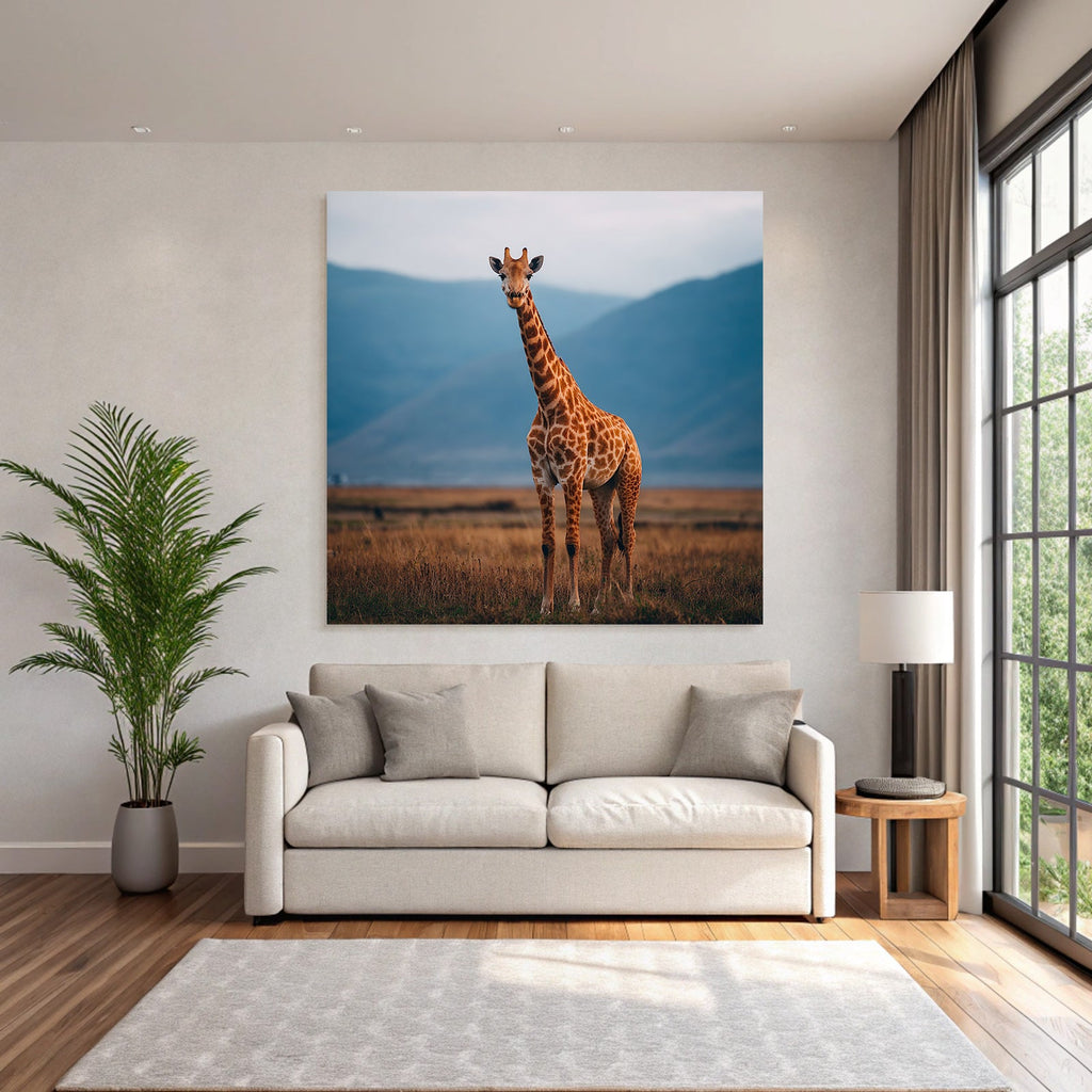 Giraffe In Der Savanne Mit Entfernten Bergen Und Himmel