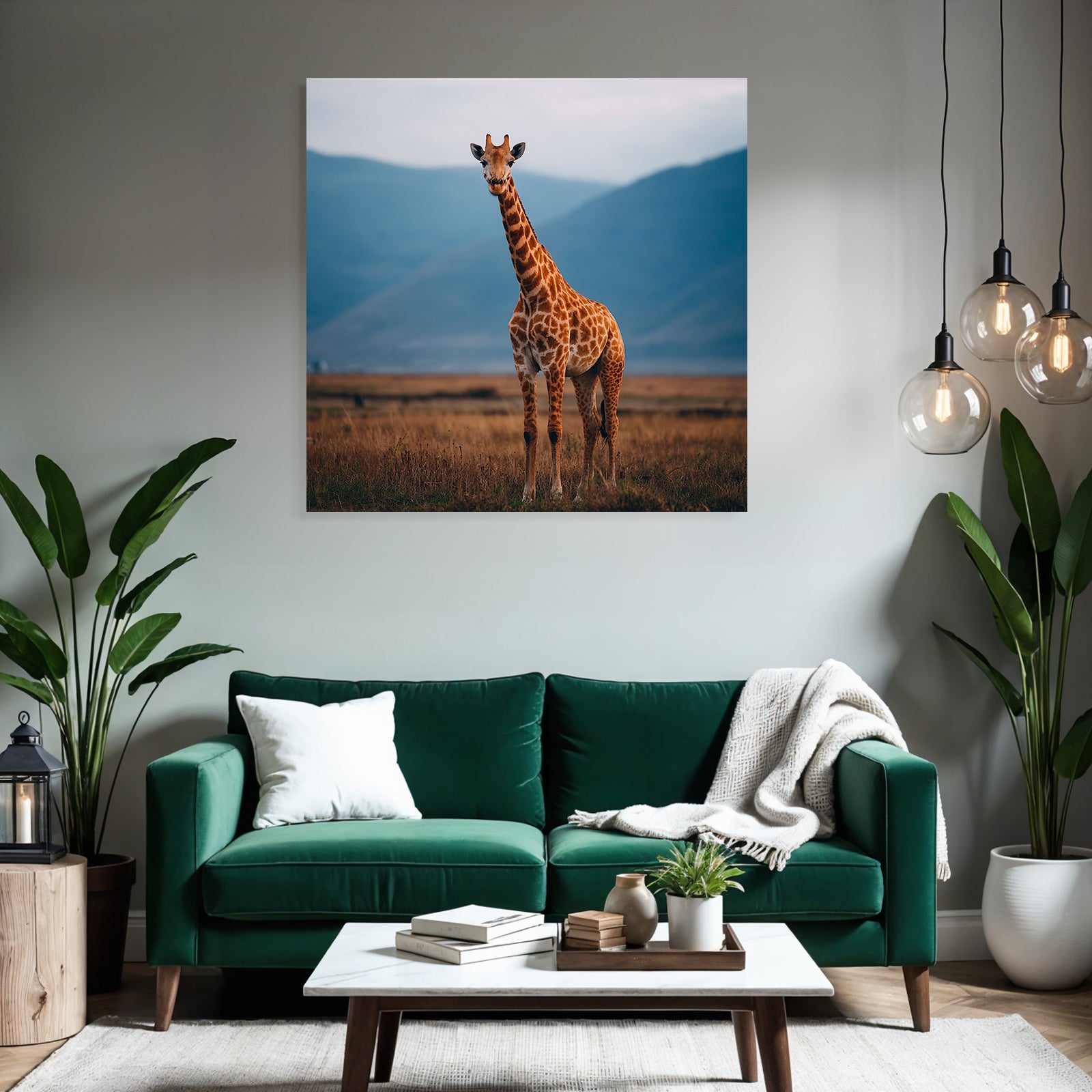 Giraffe In Der Savanne Mit Entfernten Bergen Und Himmel