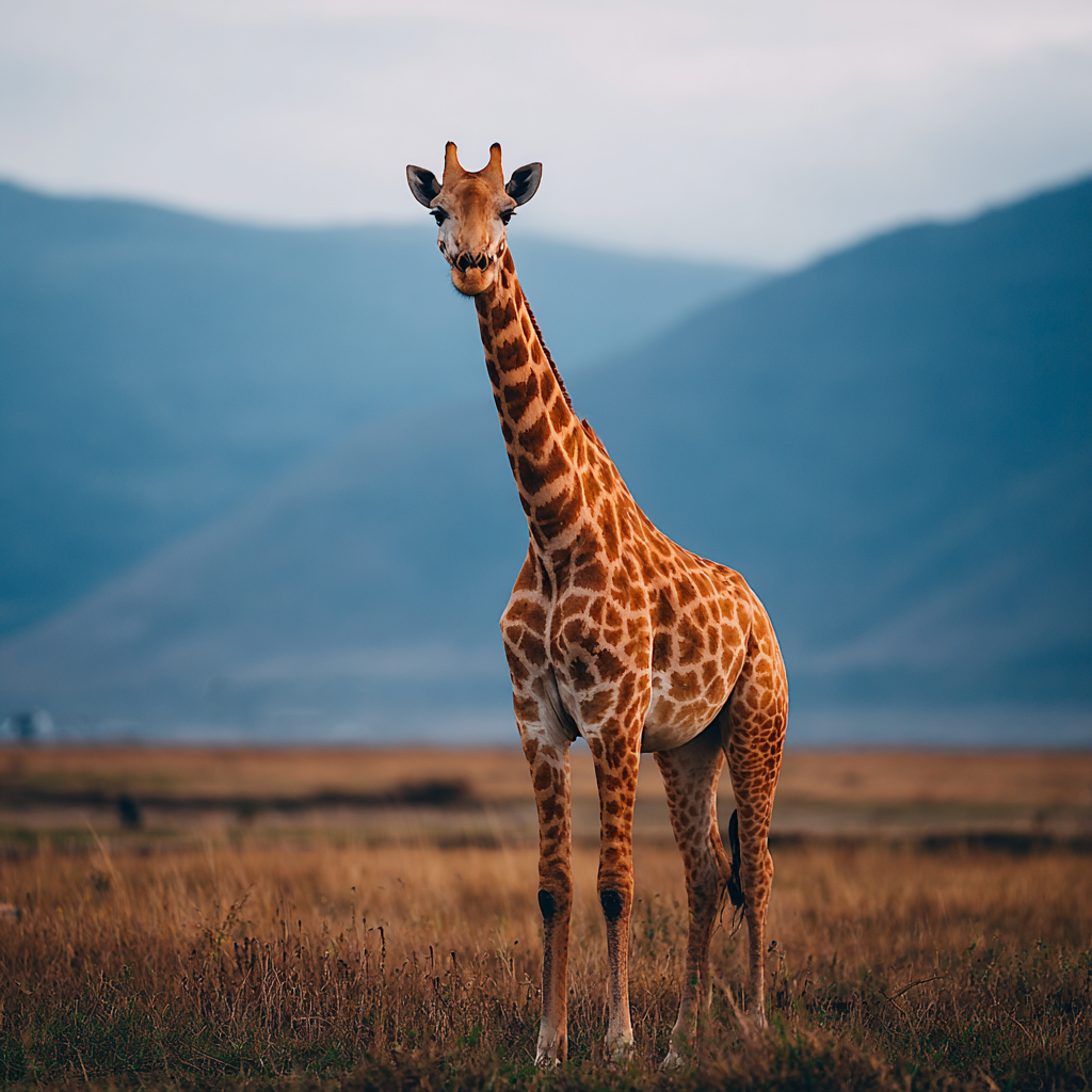 Giraffe In Der Savanne Mit Entfernten Bergen Und Himmel | Safari und Wildtiere | Tiere