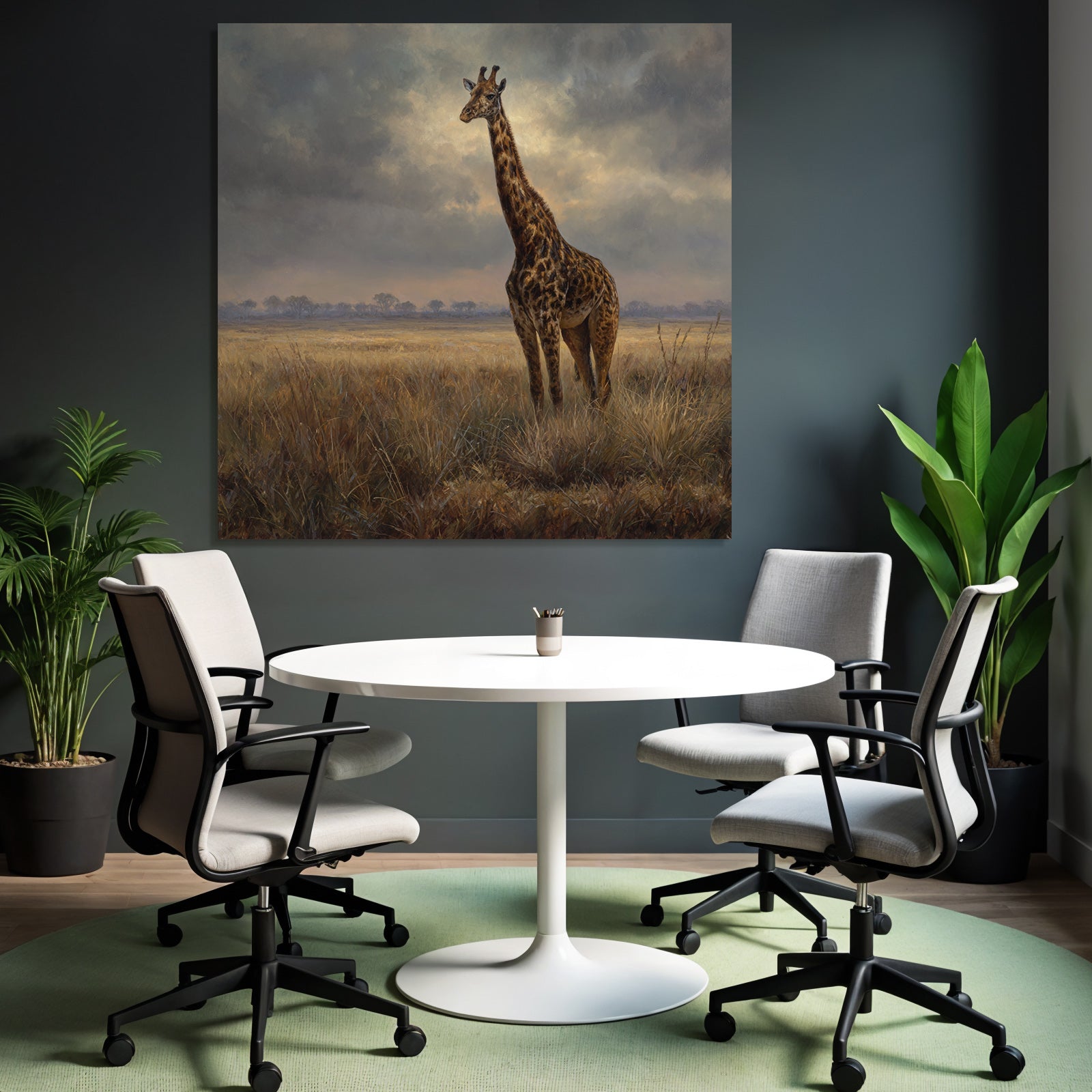 Giraffe In Einer Grünen Landschaft Unter Einem Wolkigen Himmel