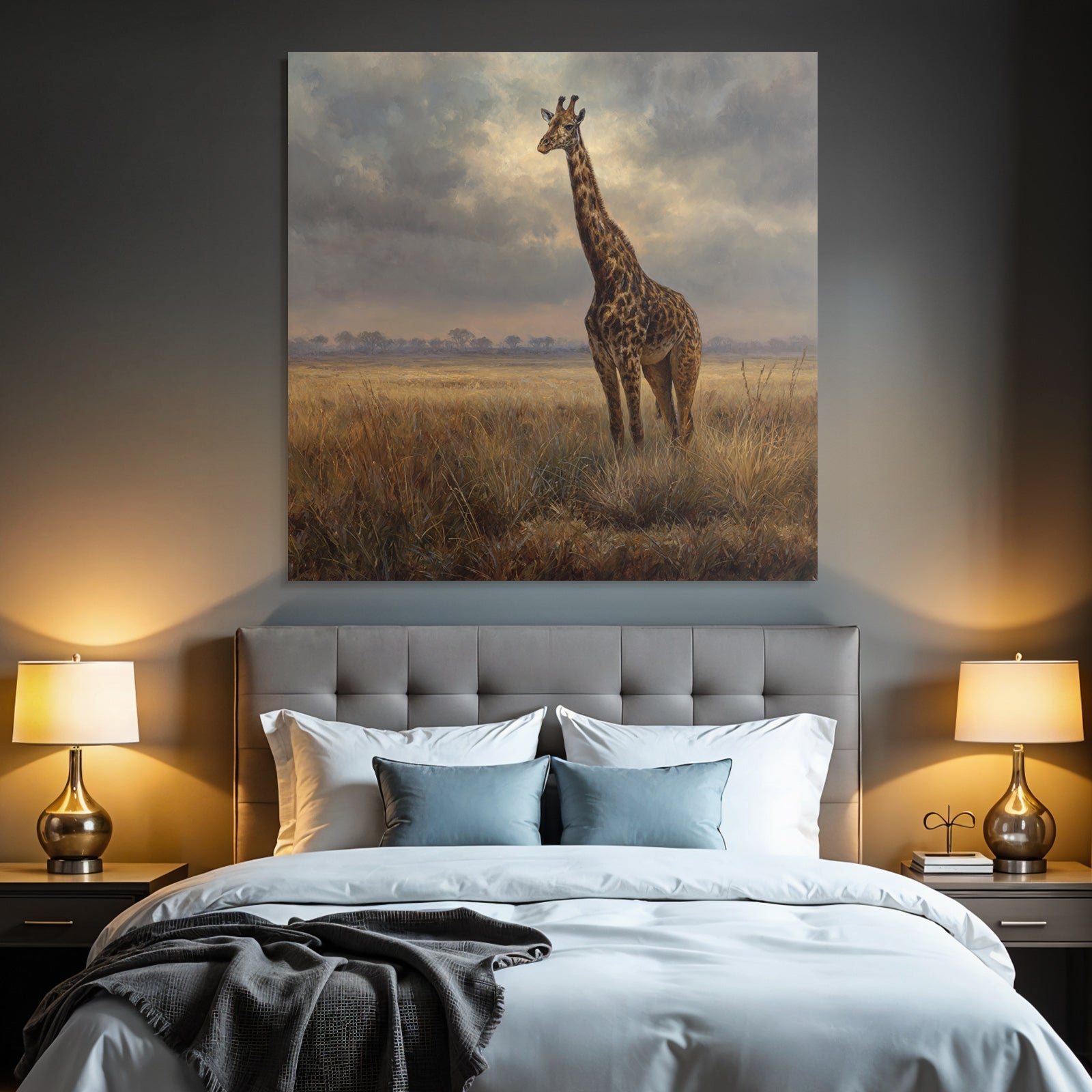 Giraffe In Einer Grünen Landschaft Unter Einem Wolkigen Himmel