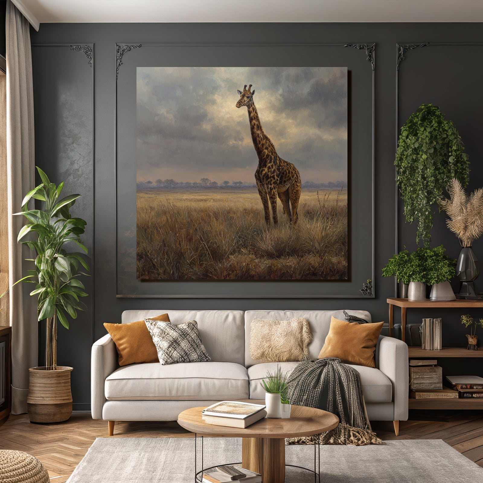 Giraffe In Einer Grünen Landschaft Unter Einem Wolkigen Himmel