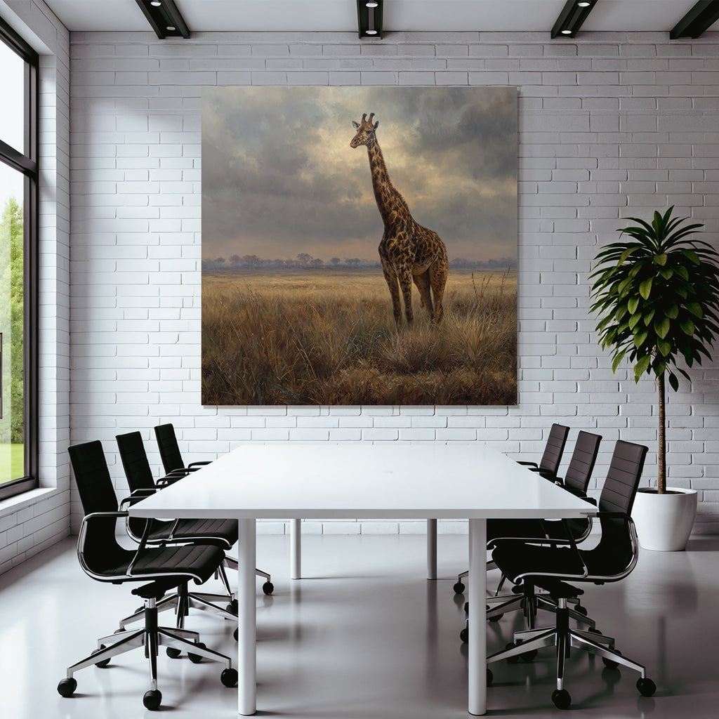Giraffe In Einer Grünen Landschaft Unter Einem Wolkigen Himmel
