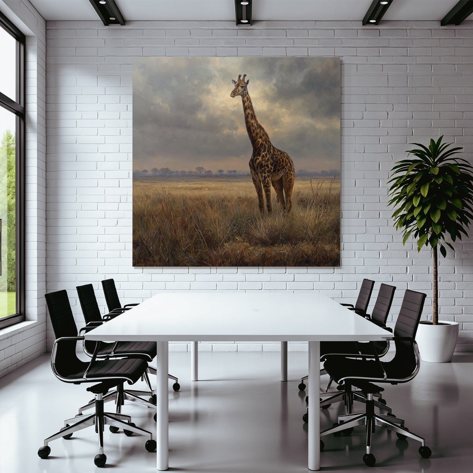 Giraffe In Einer Grünen Landschaft Unter Einem Wolkigen Himmel