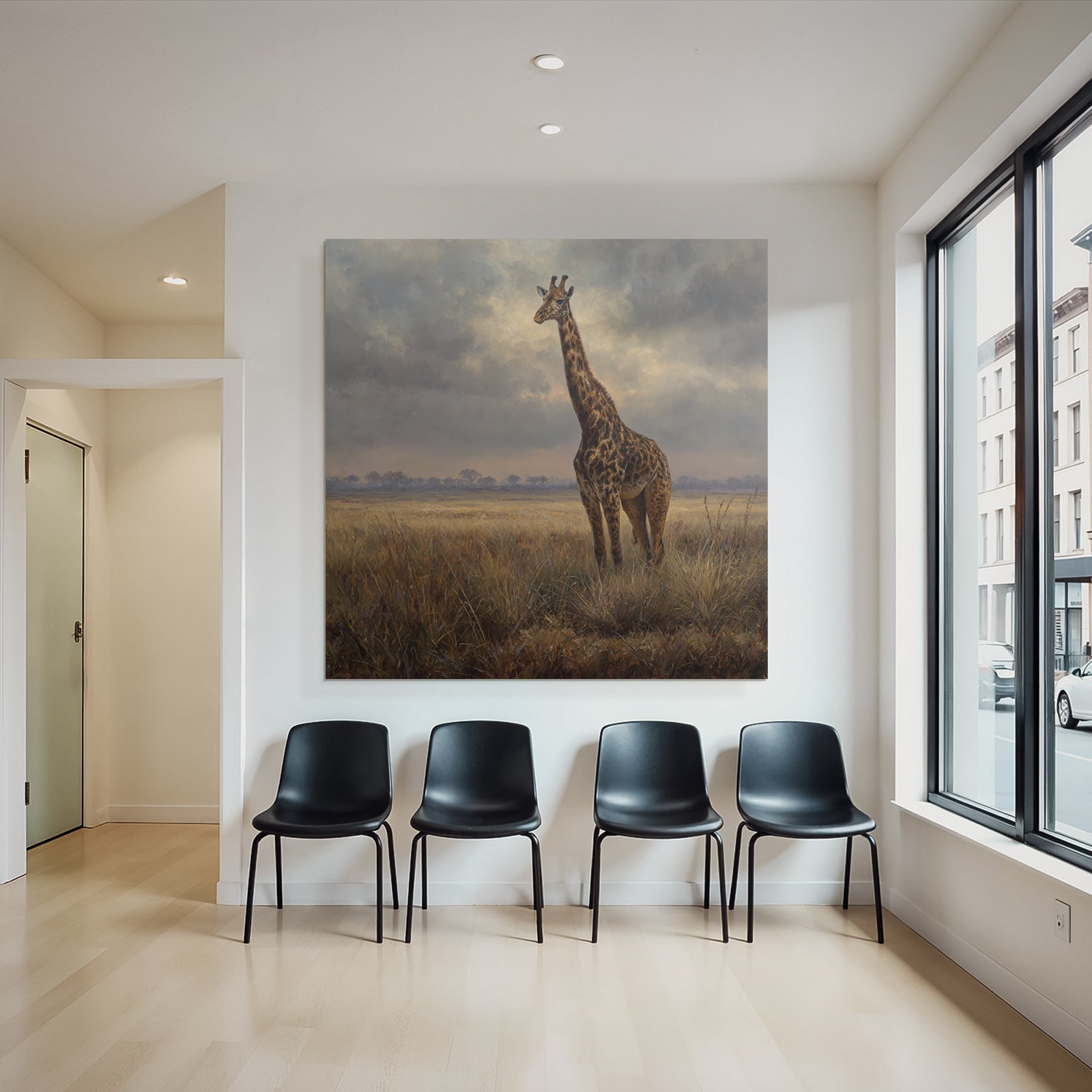 Giraffe In Einer Grünen Landschaft Unter Einem Wolkigen Himmel