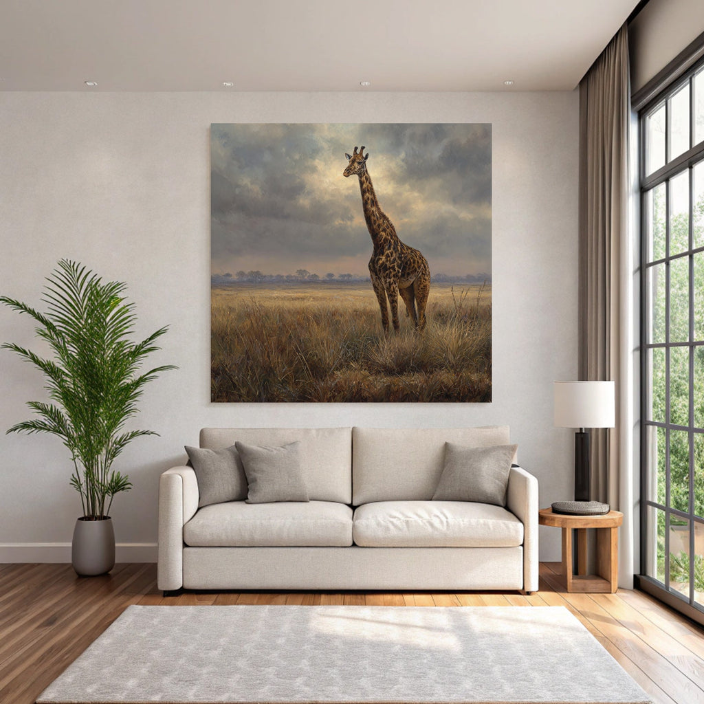 Giraffe In Einer Grünen Landschaft Unter Einem Wolkigen Himmel