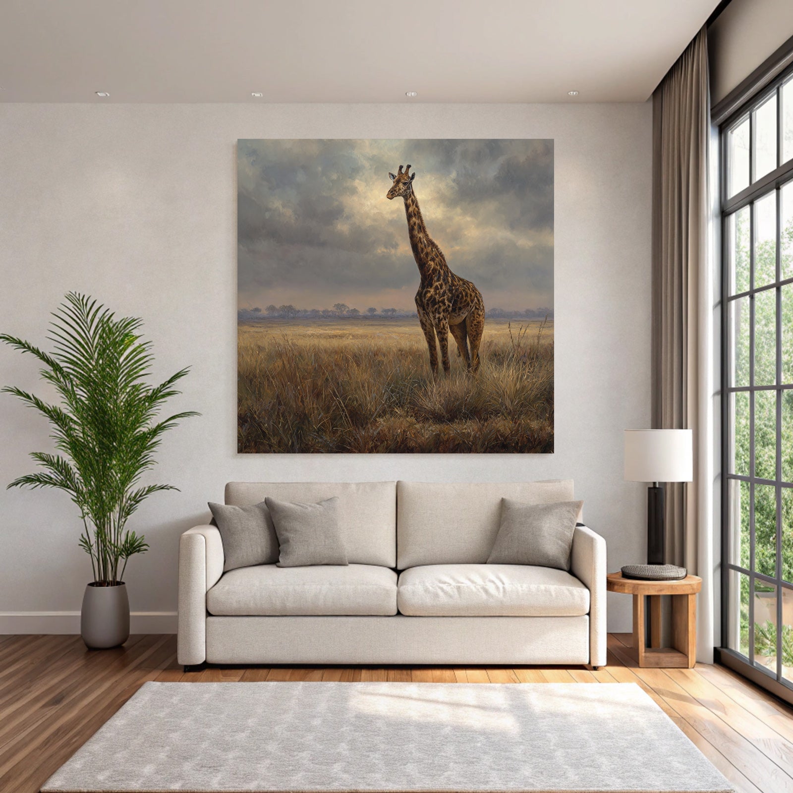Giraffe In Einer Grünen Landschaft Unter Einem Wolkigen Himmel