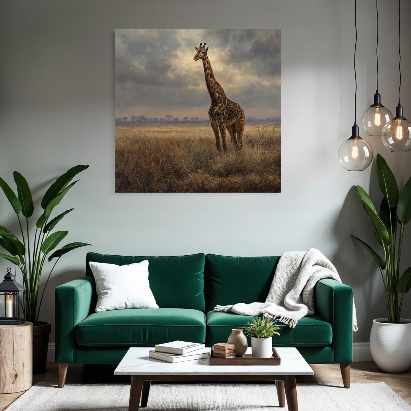 Giraffe In Einer Grünen Landschaft Unter Einem Wolkigen Himmel