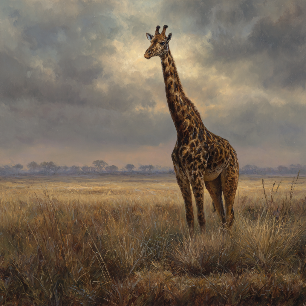 Giraffe In Einer Grünen Landschaft Unter Einem Wolkigen Himmel | Safari und Wildtiere | Tiere