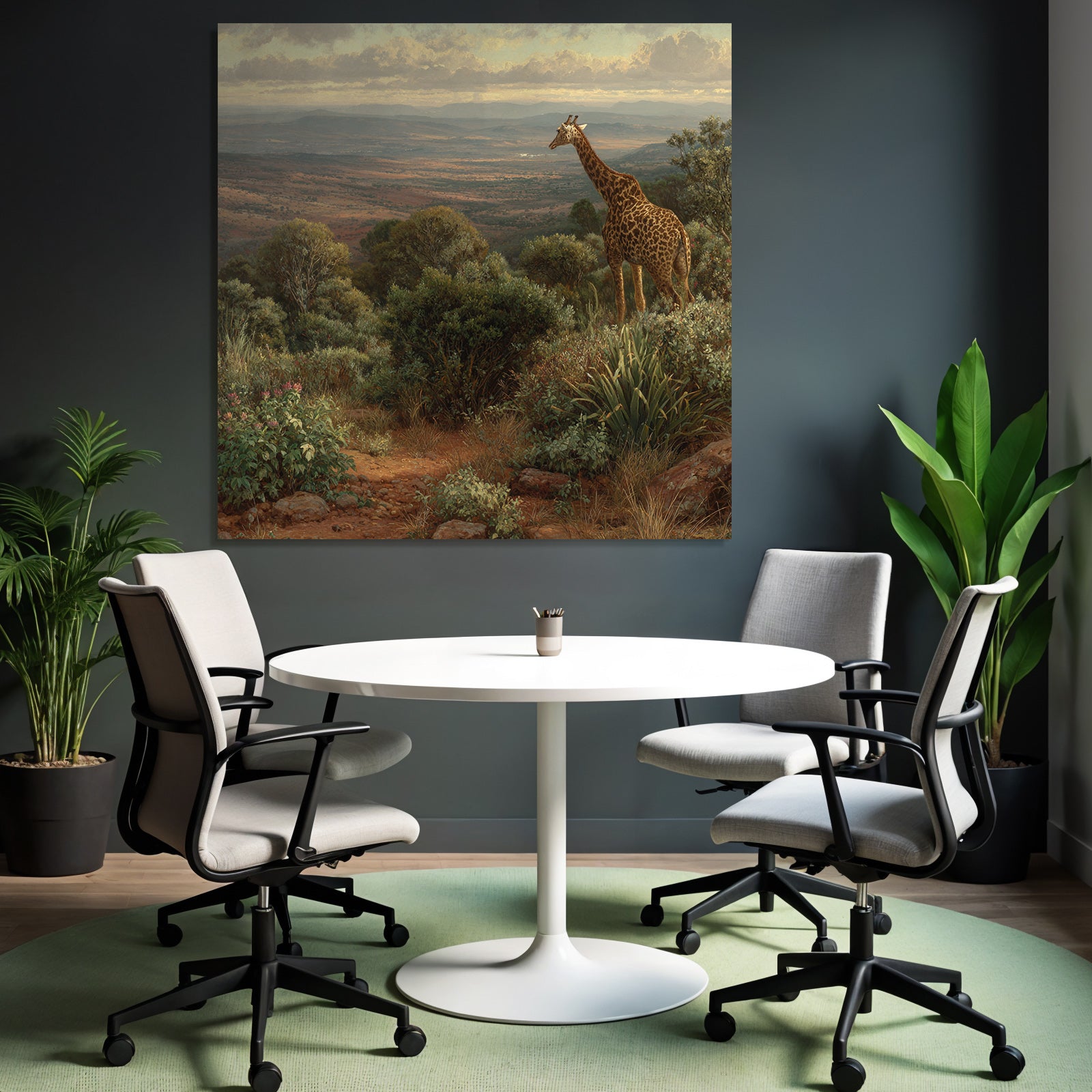 Giraffe In Einer Pittoresken Landschaft Mit Lauschiger Vegetation Und Hügeln