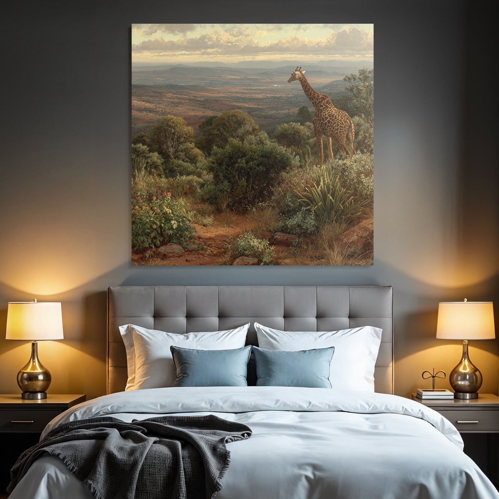 Giraffe In Einer Pittoresken Landschaft Mit Lauschiger Vegetation Und Hügeln