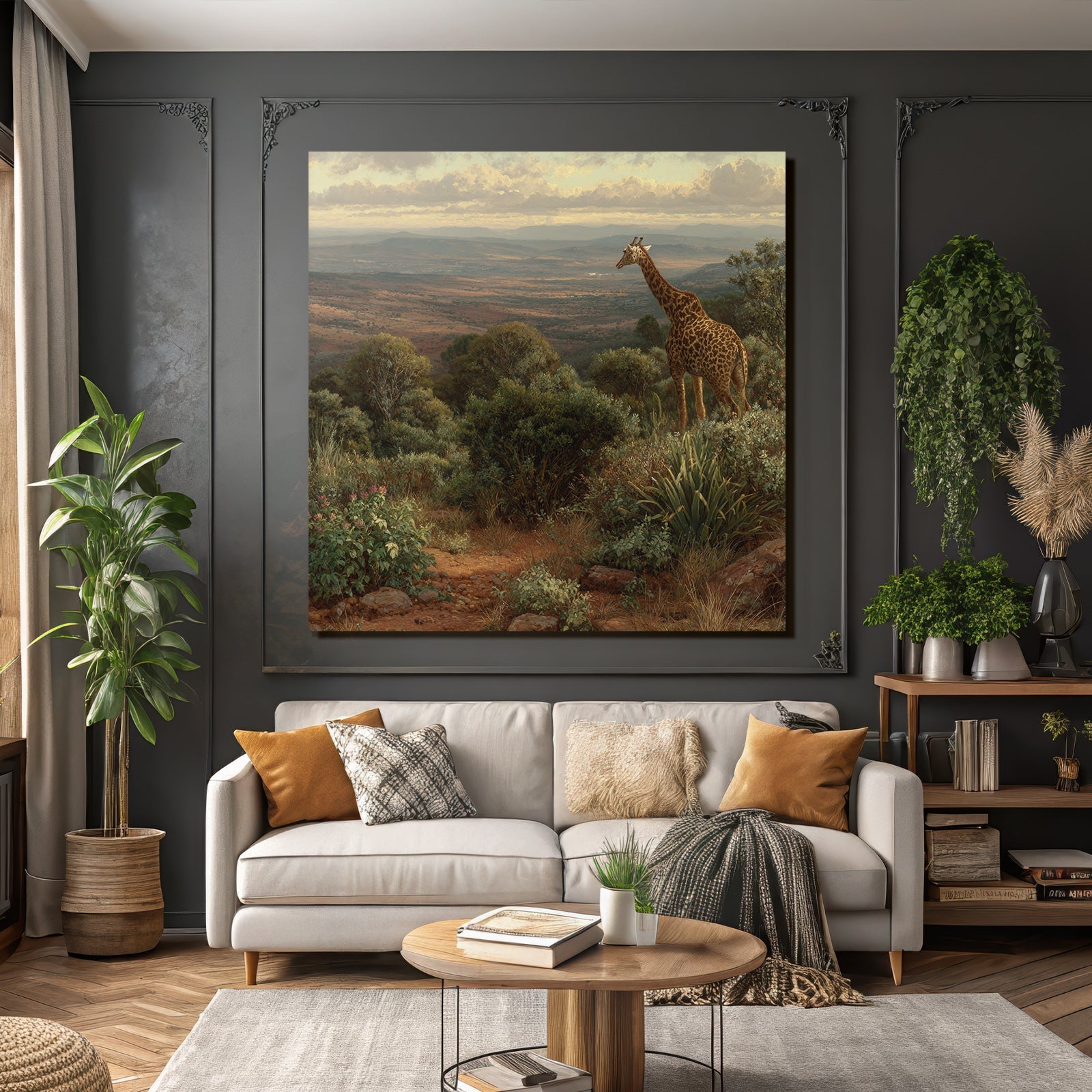 Giraffe In Einer Pittoresken Landschaft Mit Lauschiger Vegetation Und Hügeln