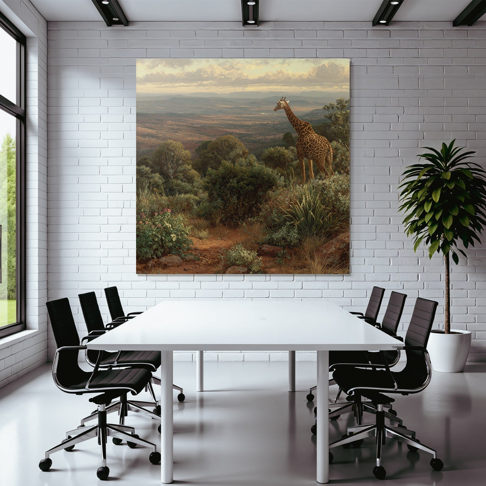 Giraffe In Einer Pittoresken Landschaft Mit Lauschiger Vegetation Und Hügeln