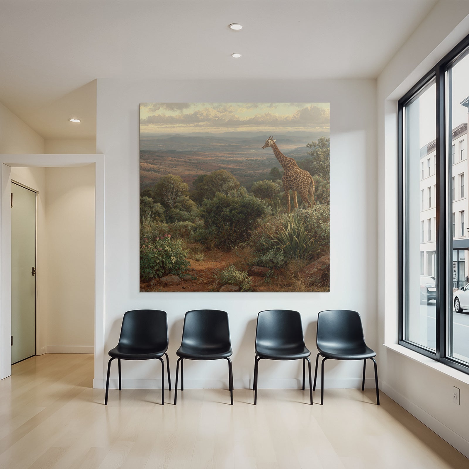Giraffe In Einer Pittoresken Landschaft Mit Lauschiger Vegetation Und Hügeln