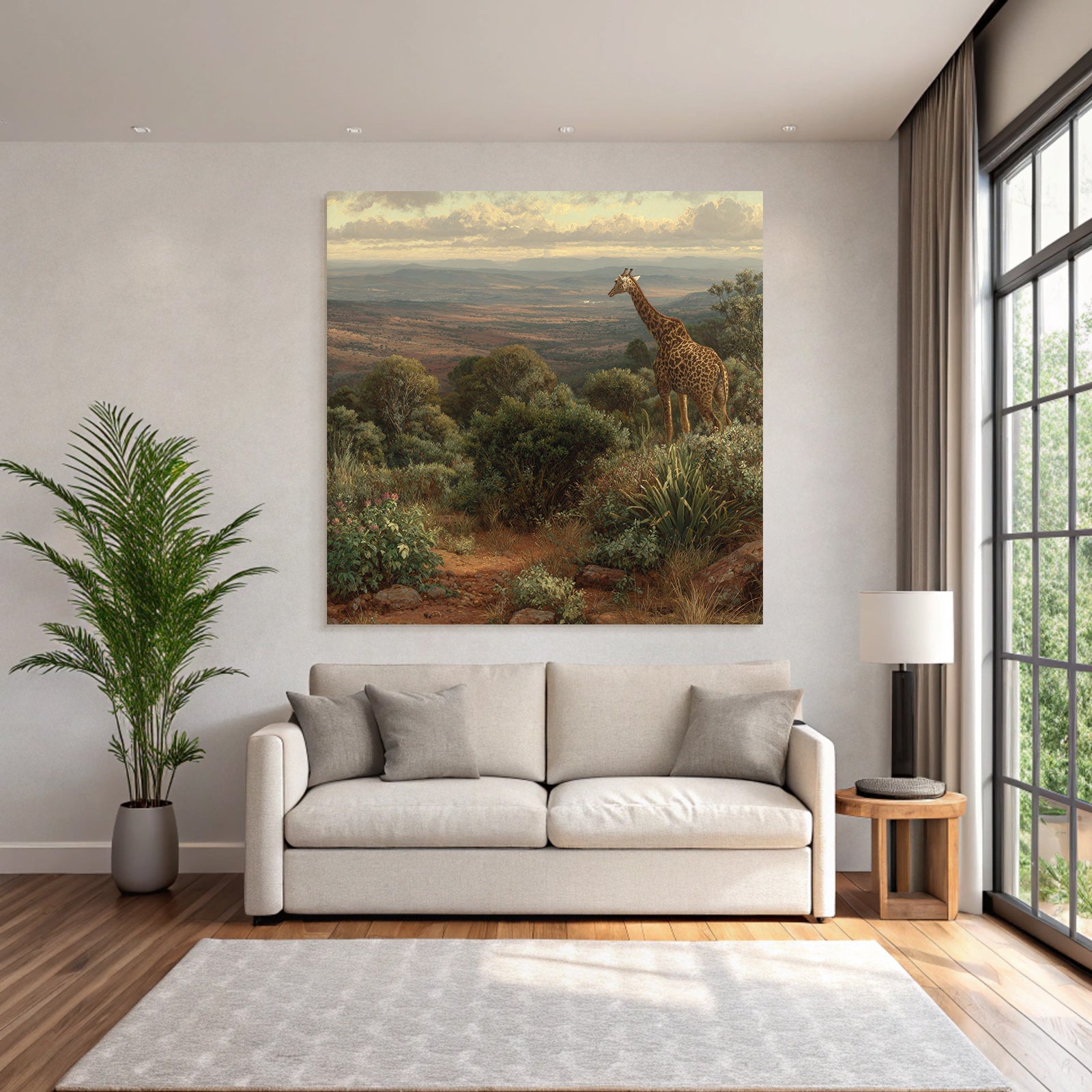 Giraffe In Einer Pittoresken Landschaft Mit Lauschiger Vegetation Und Hügeln