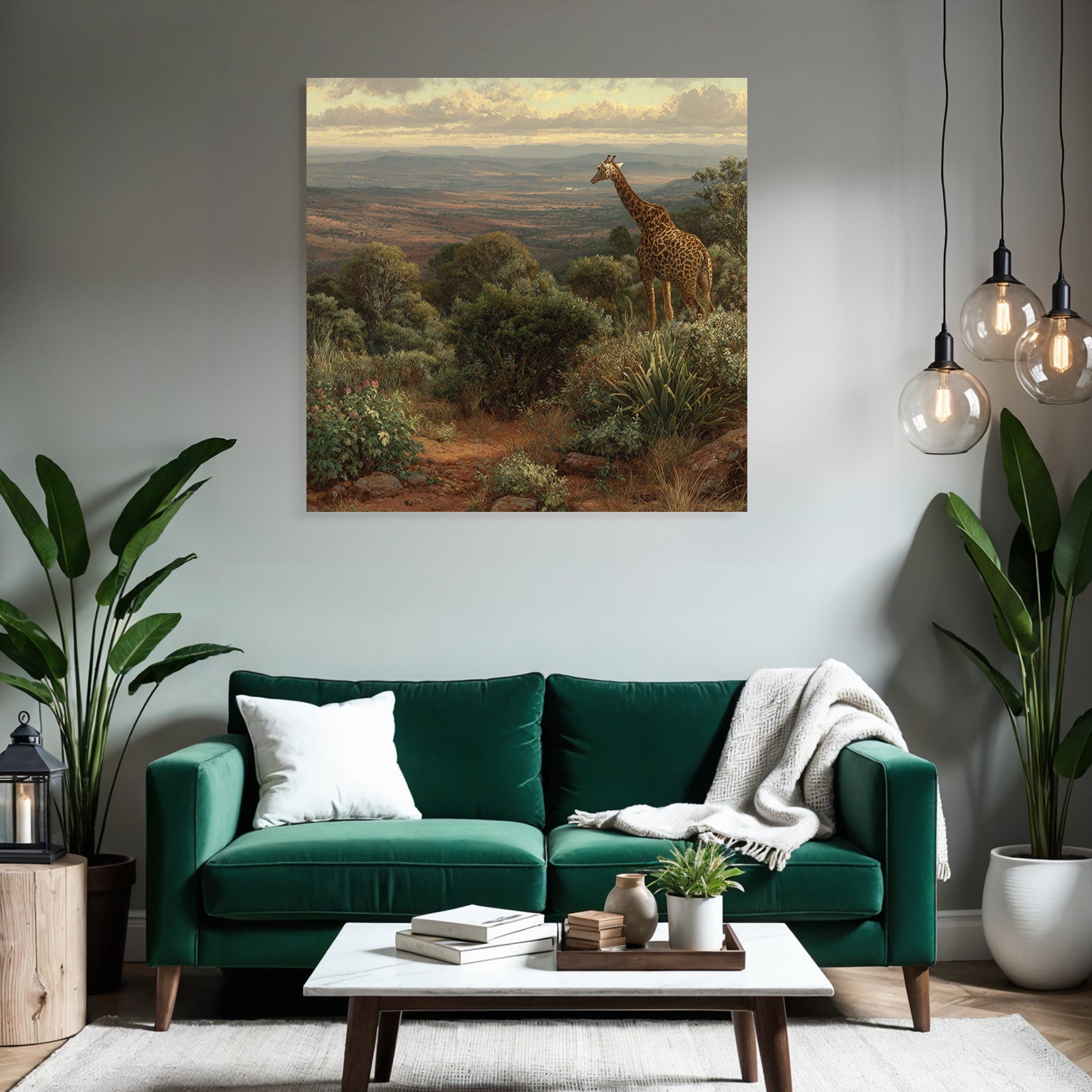 Giraffe In Einer Pittoresken Landschaft Mit Lauschiger Vegetation Und Hügeln