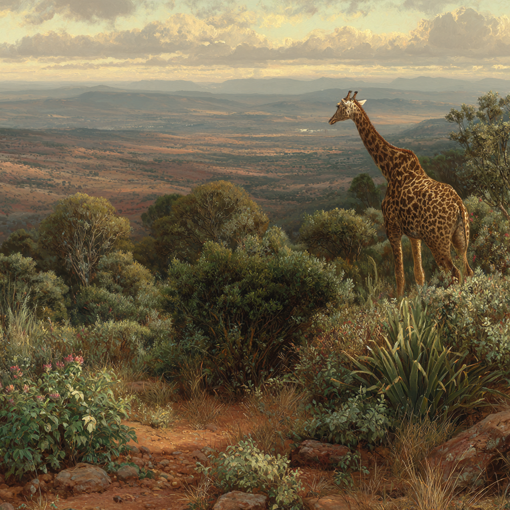 Giraffe In Einer Pittoresken Landschaft Mit Lauschiger Vegetation Und Hügeln | Safari und Wildtiere | Tiere
