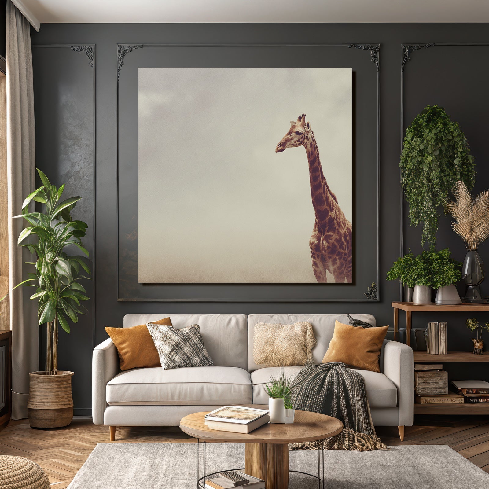 Giraffe In Einer Weiten Offenen Landschaft Mit Hazy Skylight