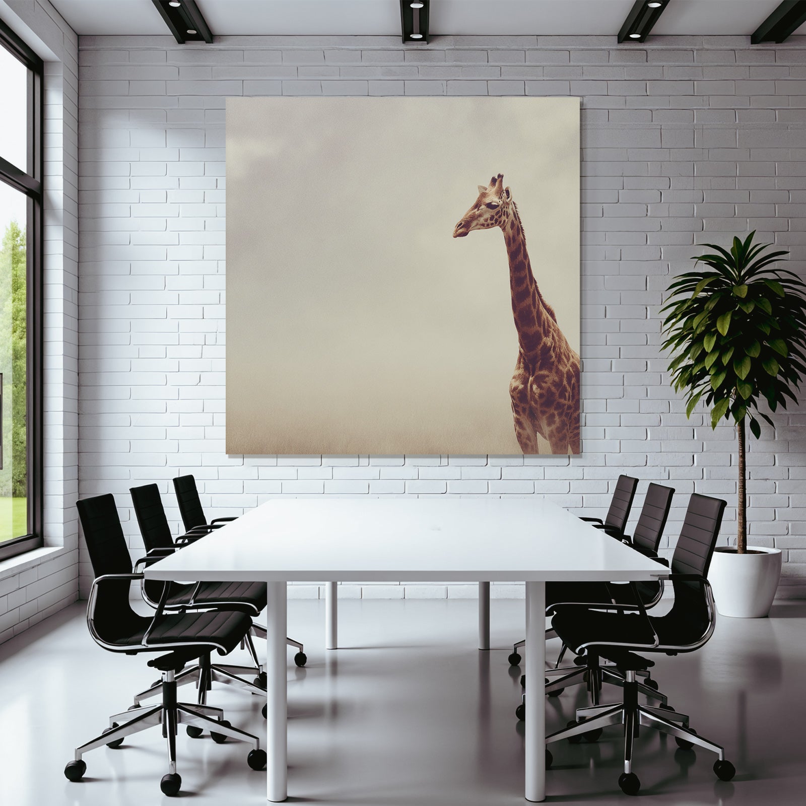 Giraffe In Einer Weiten Offenen Landschaft Mit Hazy Skylight