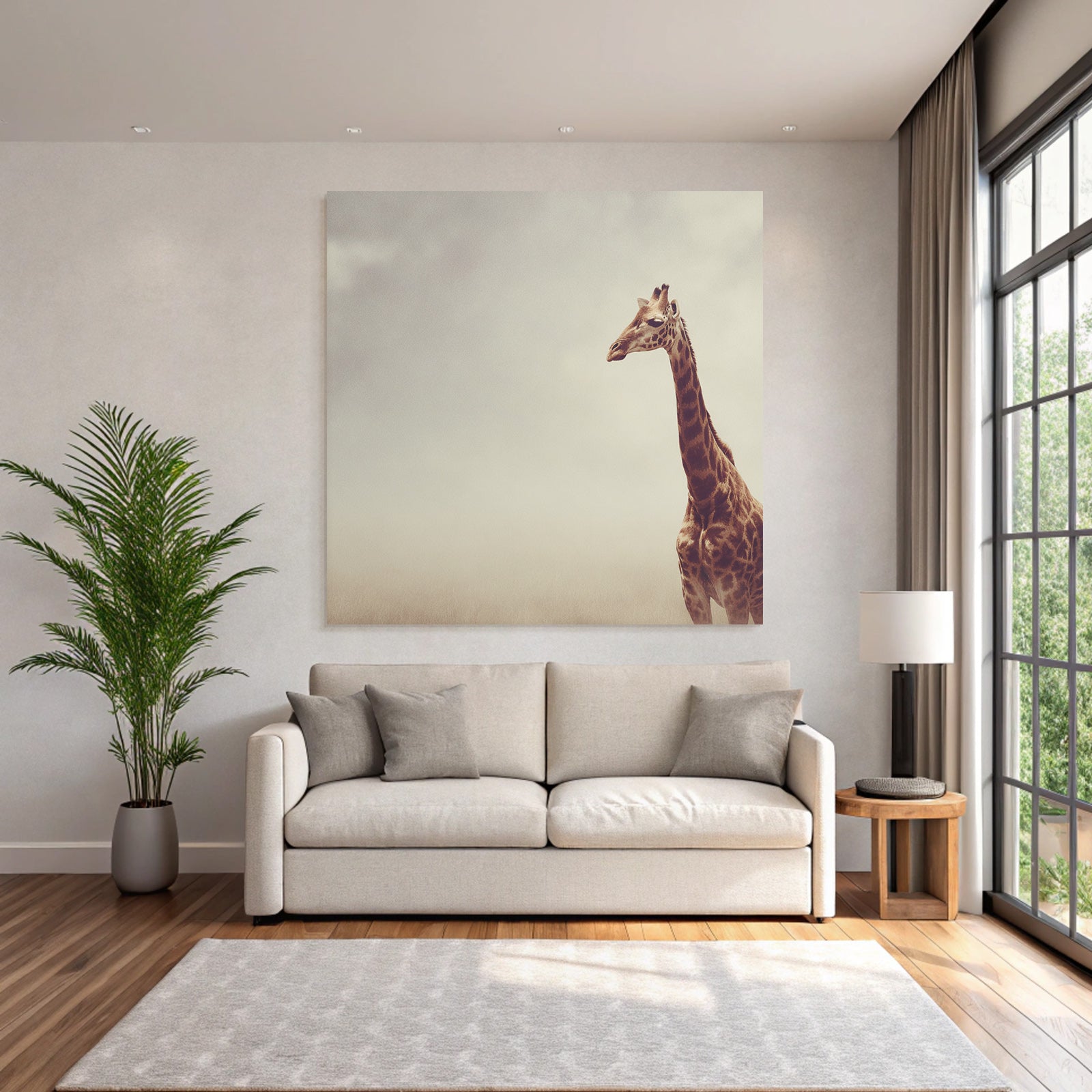 Giraffe In Einer Weiten Offenen Landschaft Mit Hazy Skylight