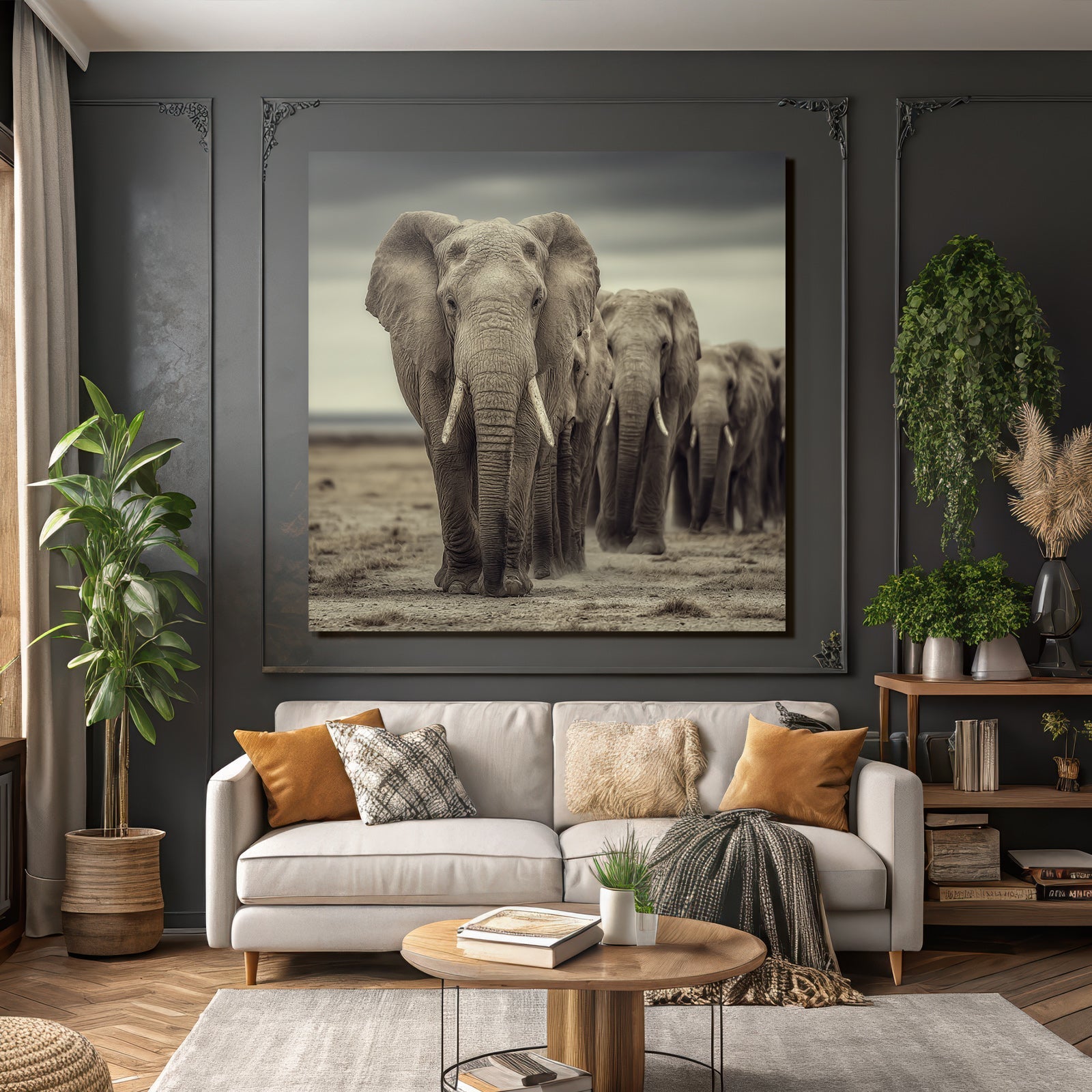 Gruppe Von Elefant En In Der Natur Mit Dramatischem Himmel