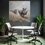 Gruppe Von Rhinoceros Auf Grünsland Mit Wolken Himmel