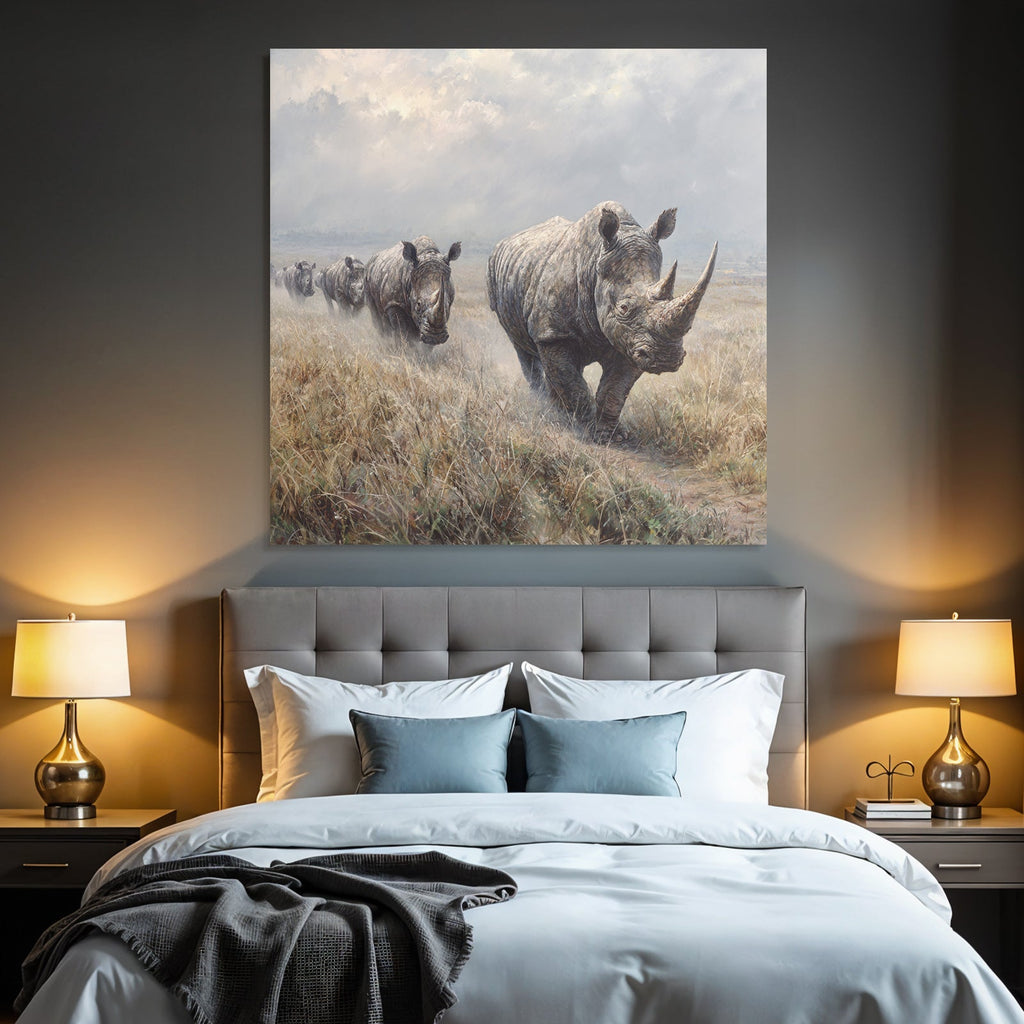 Gruppe Von Rhinoceros Auf Grünsland Mit Wolken Himmel