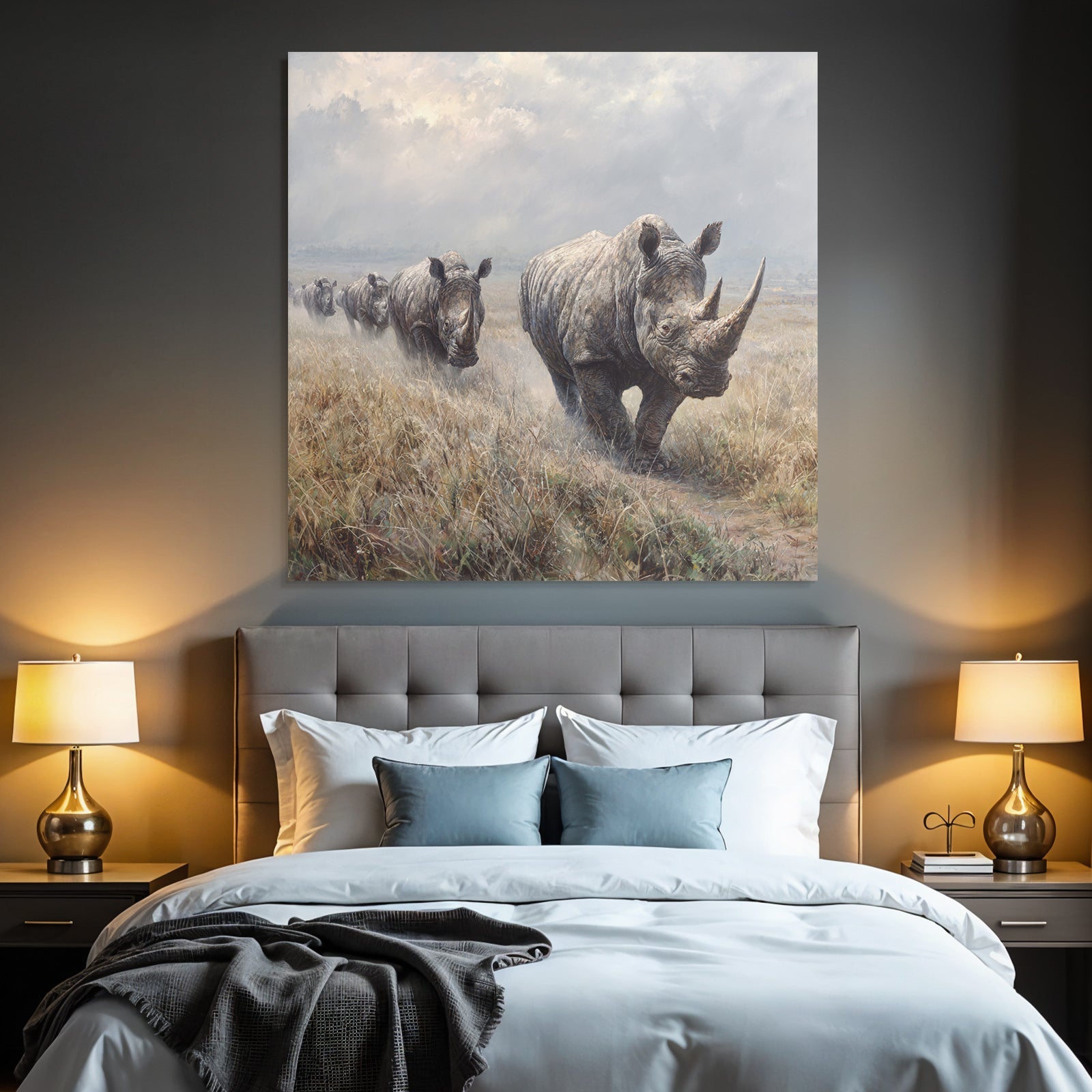 Gruppe Von Rhinoceros Auf Grünsland Mit Wolken Himmel