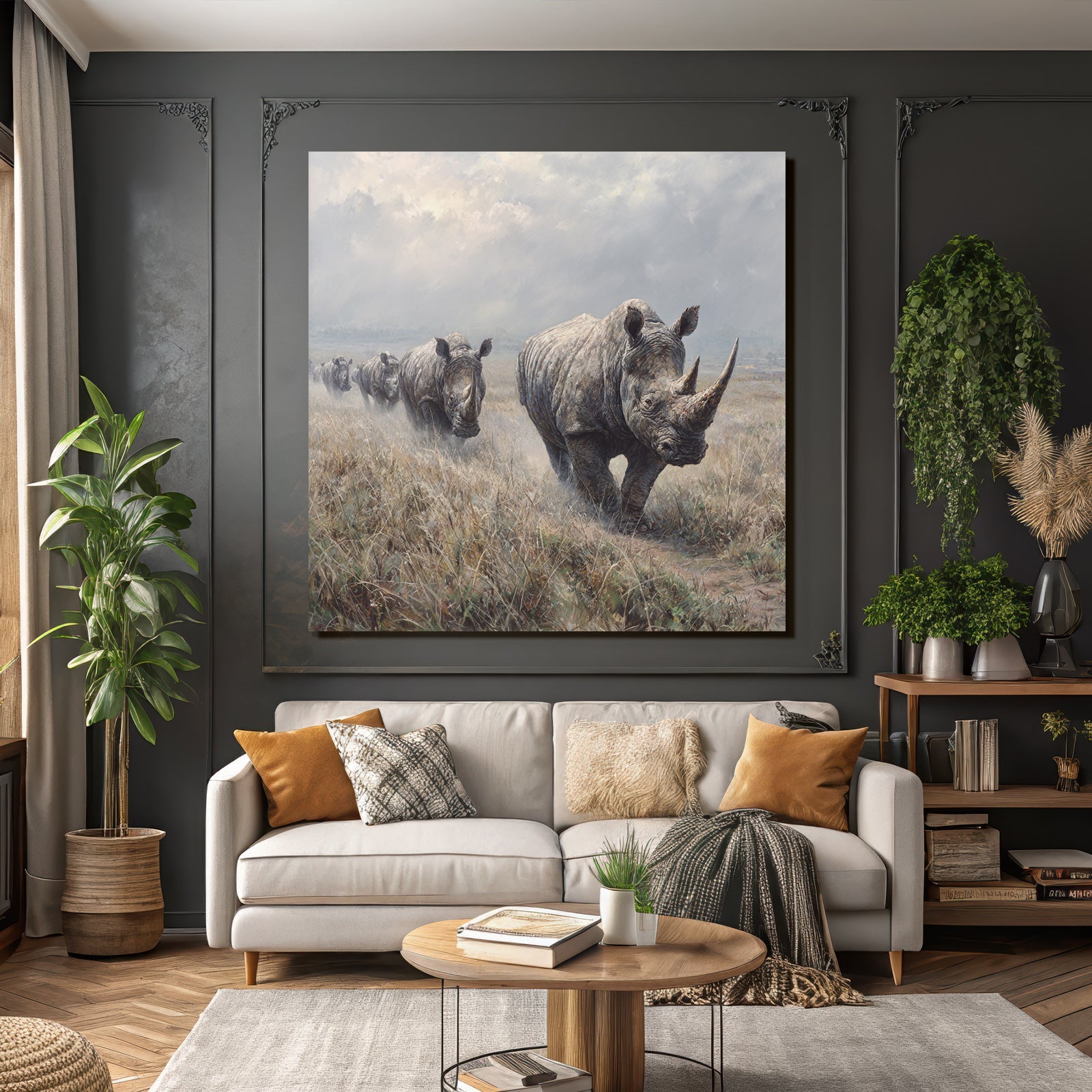 Gruppe Von Rhinoceros Auf Grünsland Mit Wolken Himmel