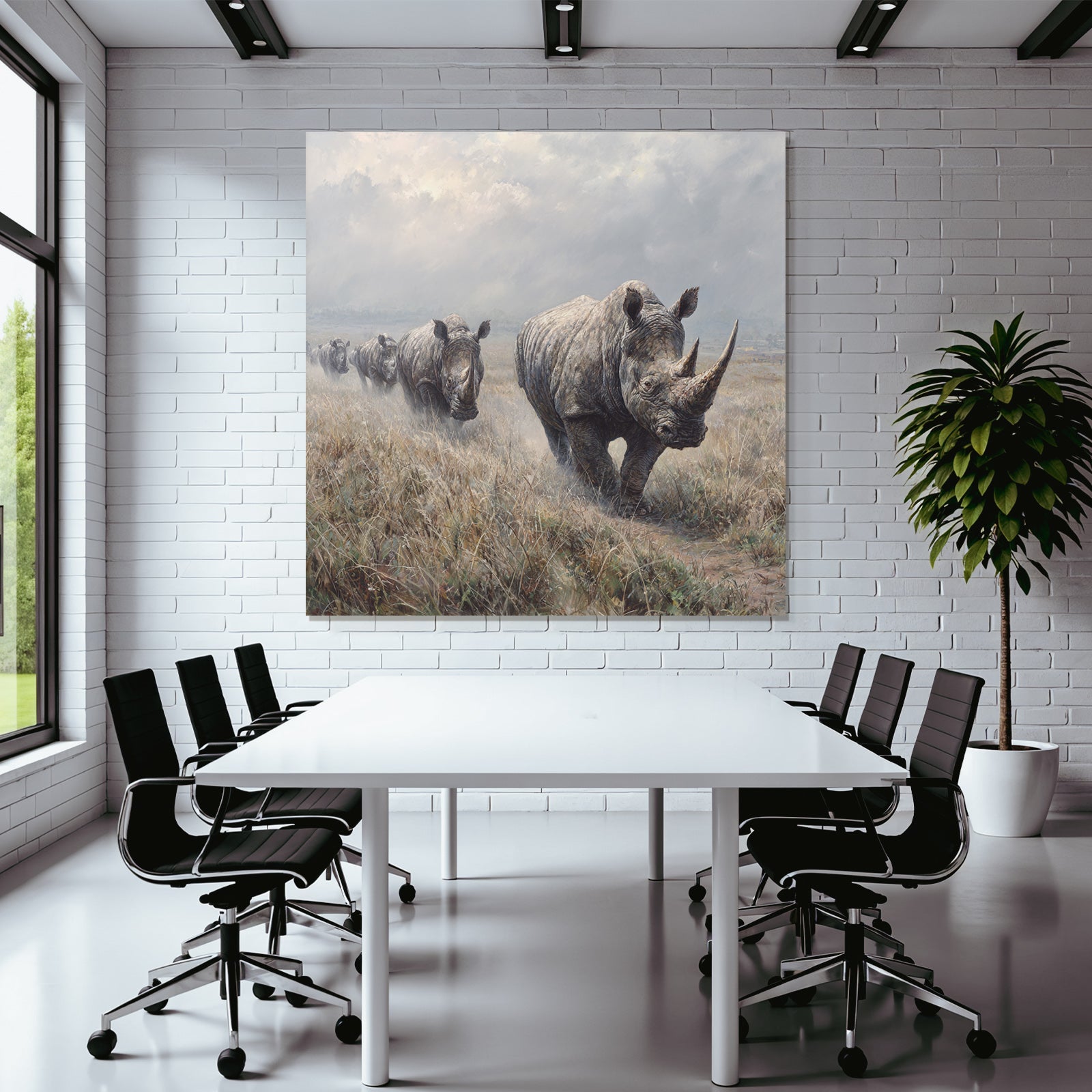 Gruppe Von Rhinoceros Auf Grünsland Mit Wolken Himmel
