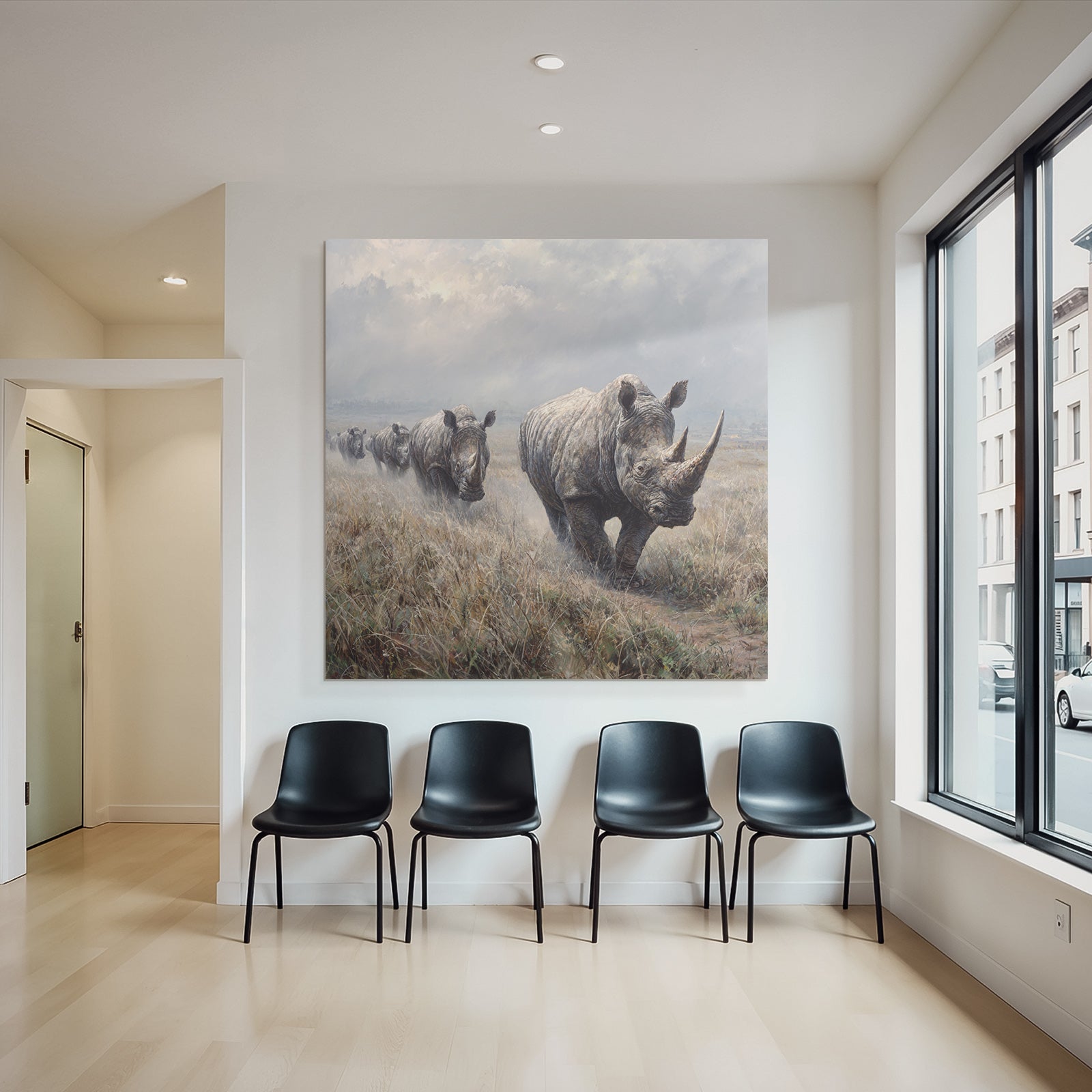 Gruppe Von Rhinoceros Auf Grünsland Mit Wolken Himmel