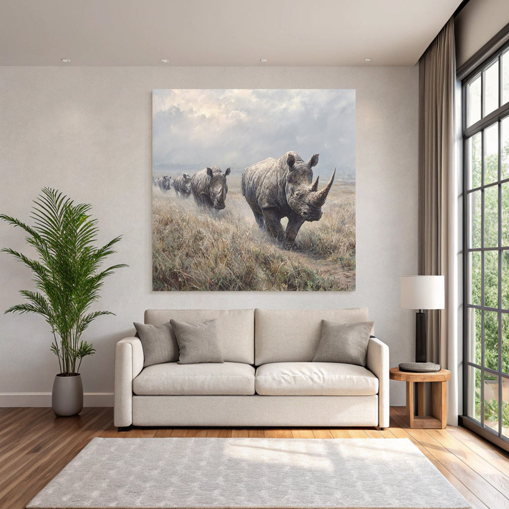 Gruppe Von Rhinoceros Auf Grünsland Mit Wolken Himmel