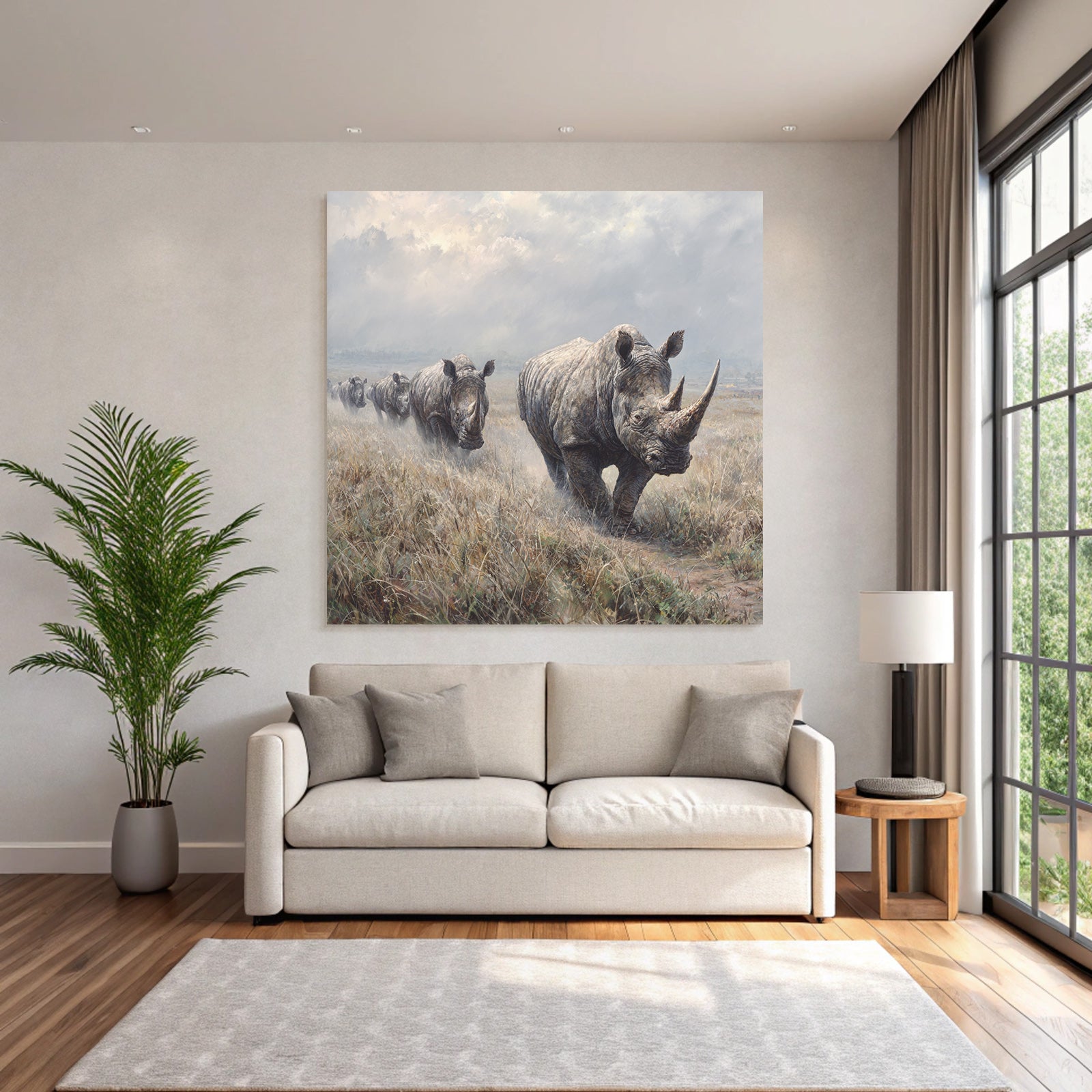 Gruppe Von Rhinoceros Auf Grünsland Mit Wolken Himmel