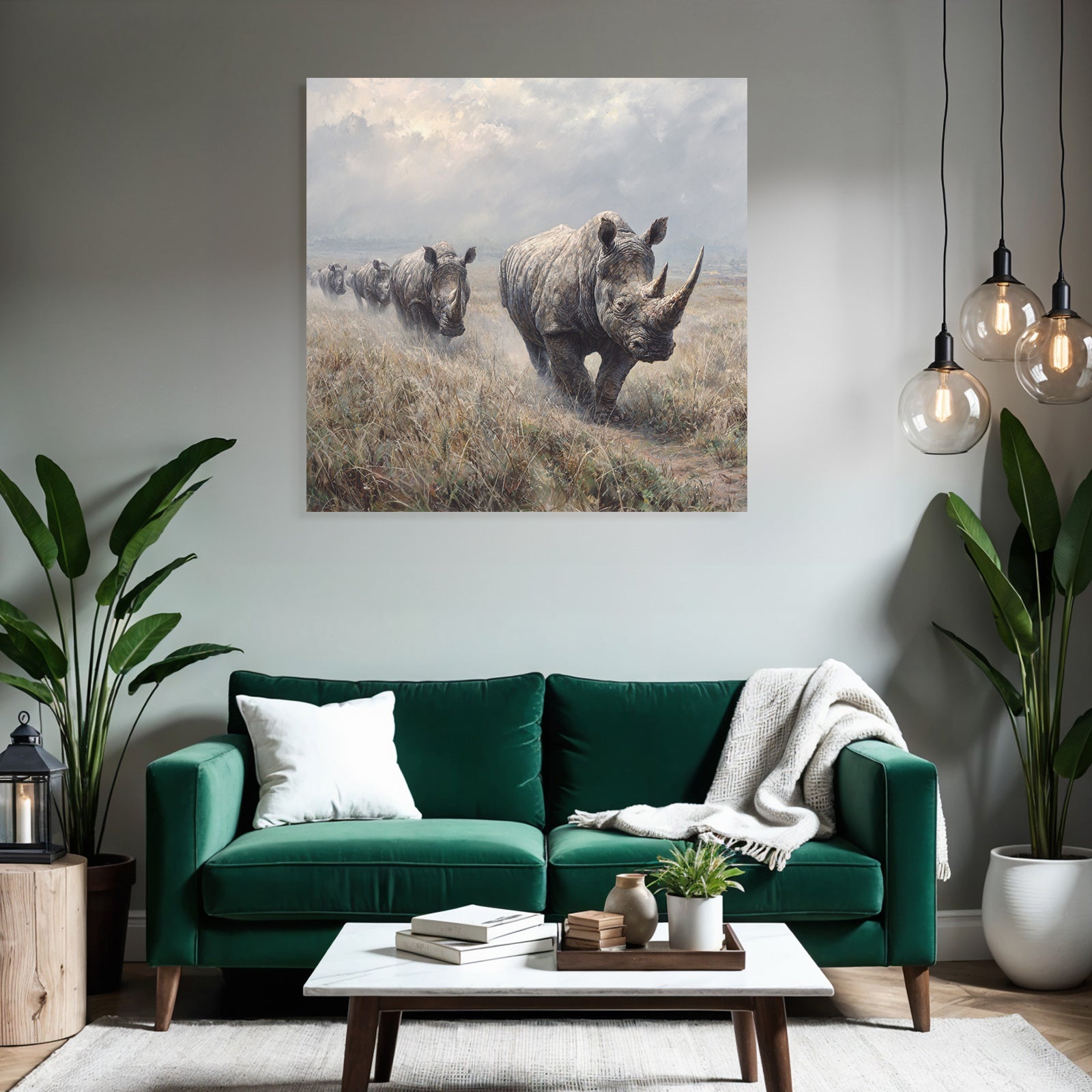 Gruppe Von Rhinoceros Auf Grünsland Mit Wolken Himmel
